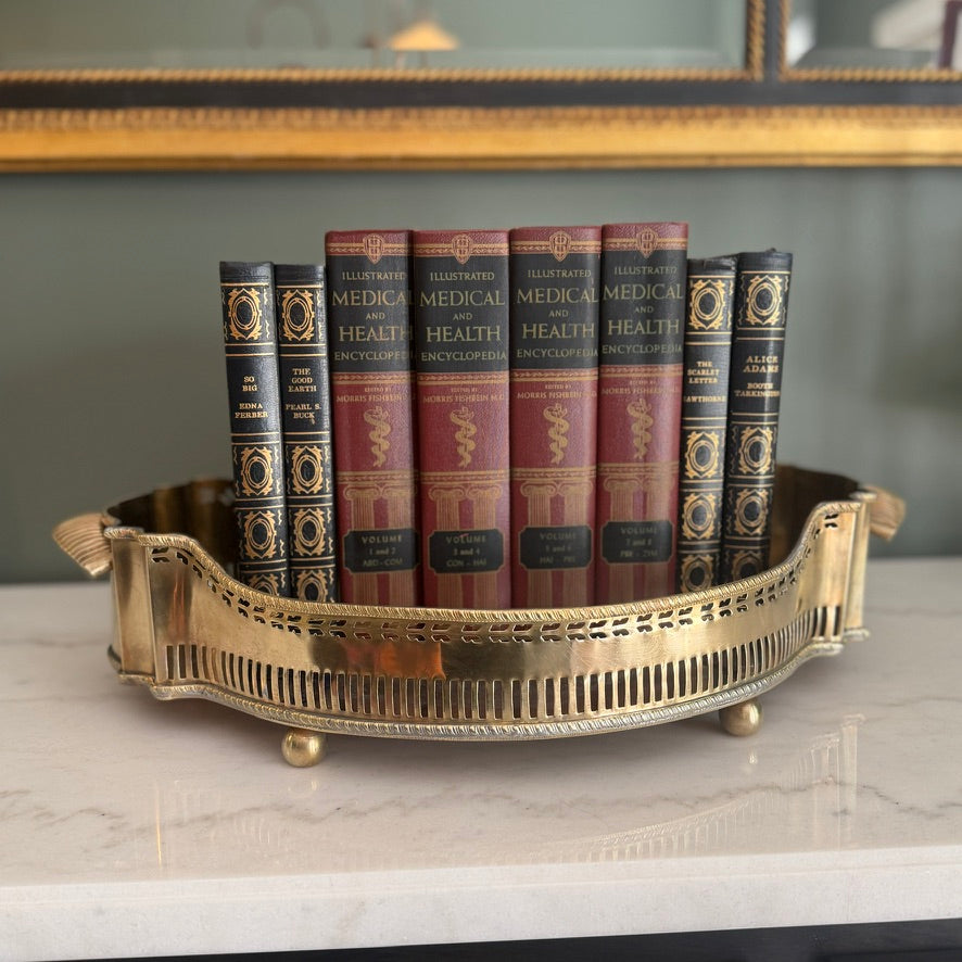Vintage Brass Reticulated Pierced Gallery Oval Handled Vanity Serving Tray