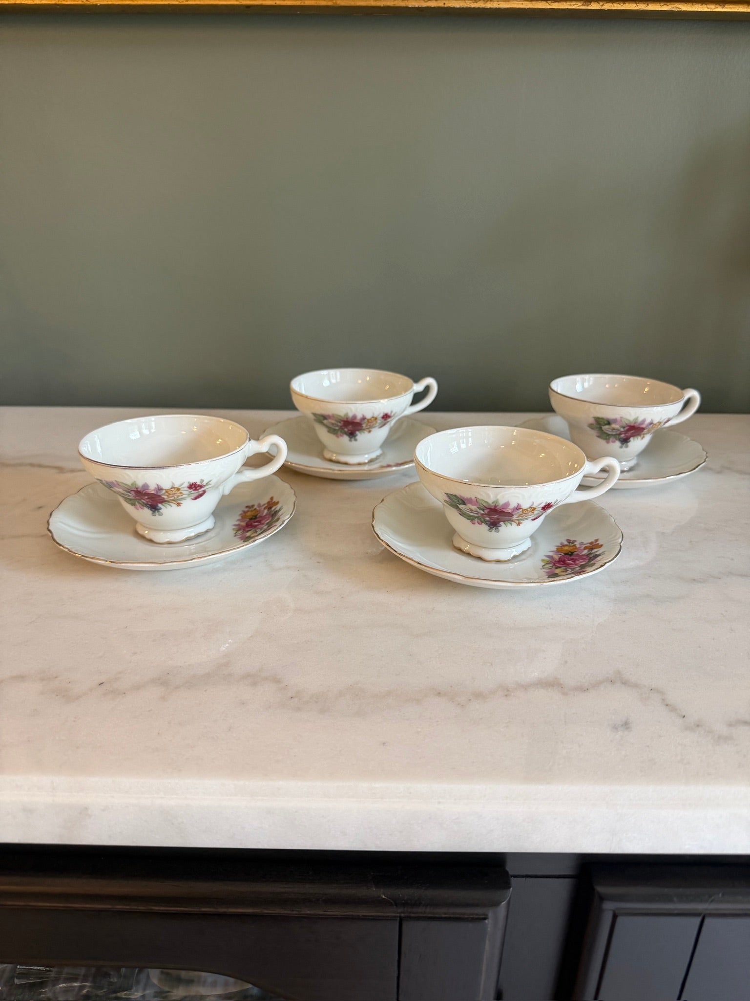 Vintage Footed Teacup and Saucer Roses and Lilies Gold Trim Made in Japan