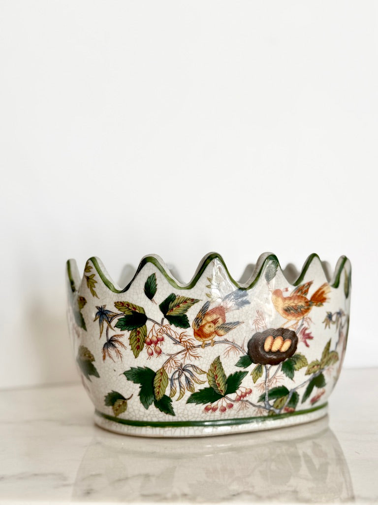Vintage Wong Lee 1895 Porcelain Monteith Bowl, Crackle Glaze Bird Nest Planter