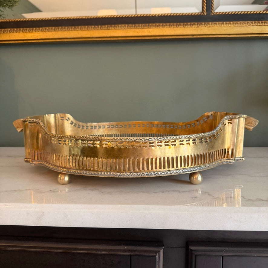 Vintage Brass Reticulated Pierced Gallery Oval Handled Vanity Serving Tray