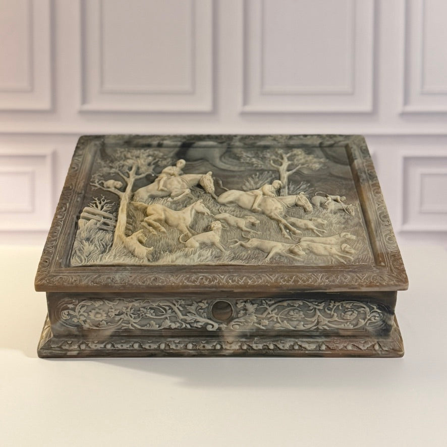 Vintage Italian Incolay Stone Box with Hunting Scene Motif