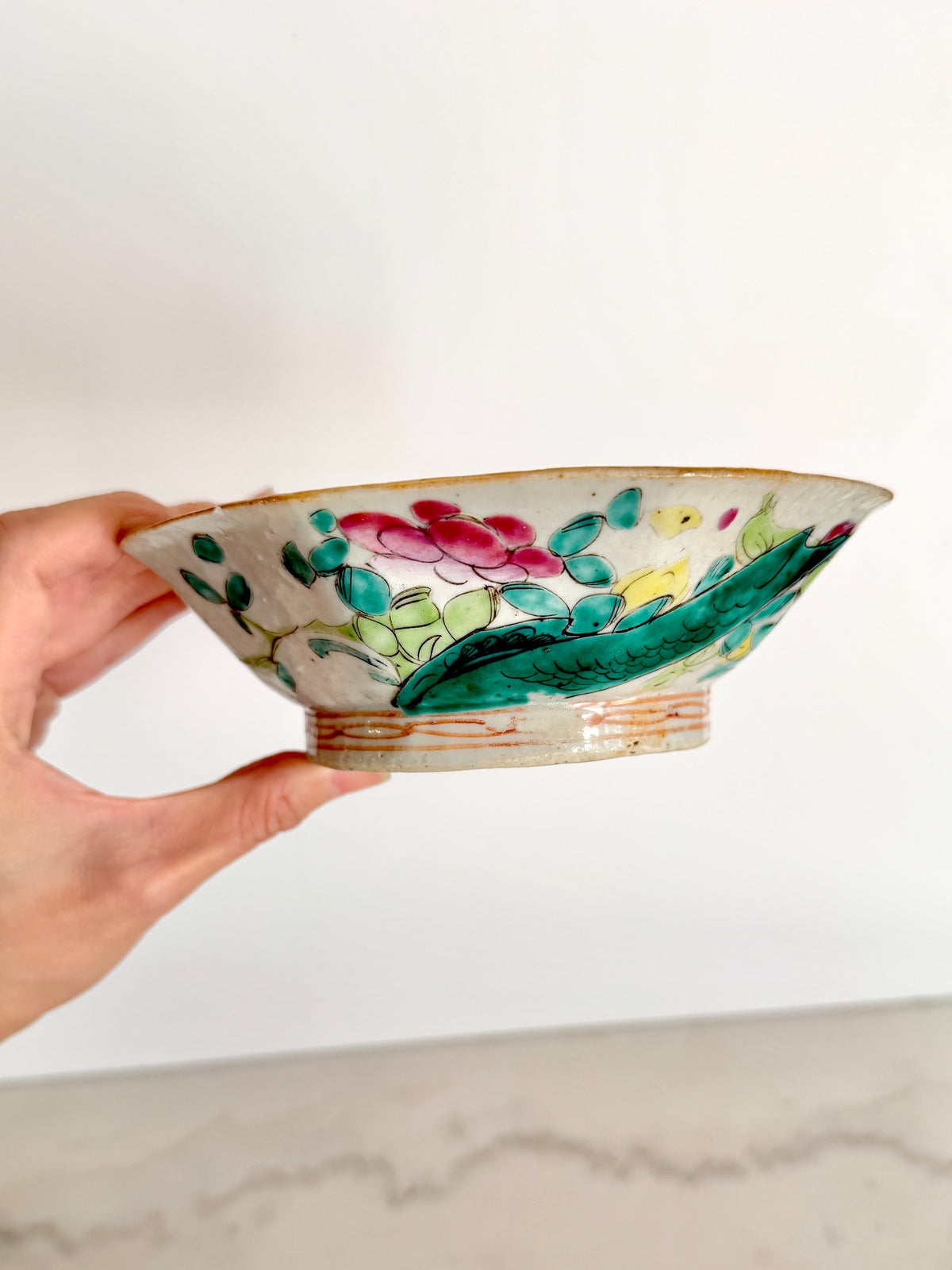 Antique Chinese Qing Dynasty Famille Rose Footed Rice Bowl, 6"