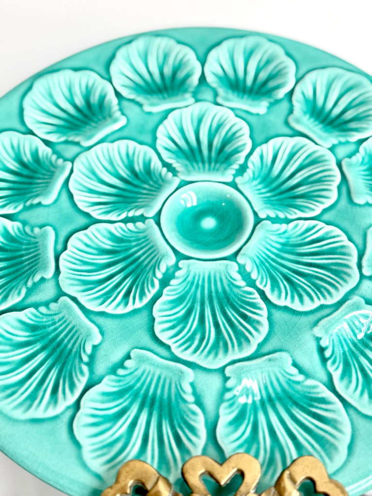 Vintage French Porcelain Turquoise Oyster Plate, 12"
