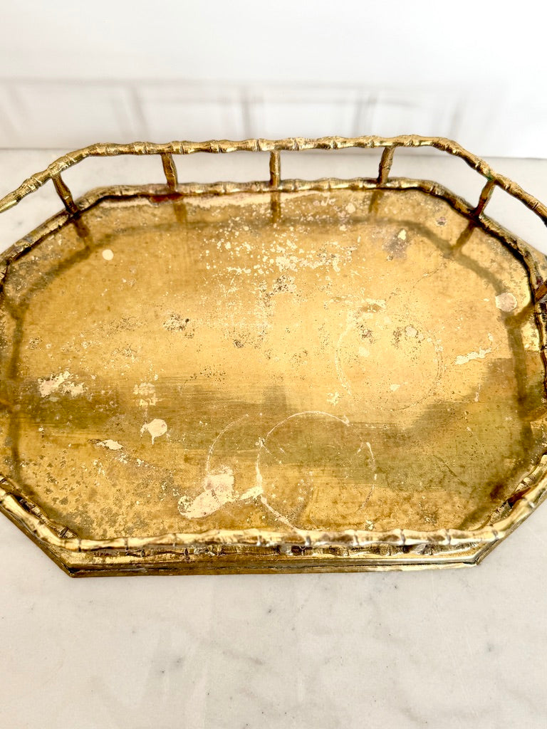 Vintage Brass Faux Bamboo Octagonal Tray, 14"