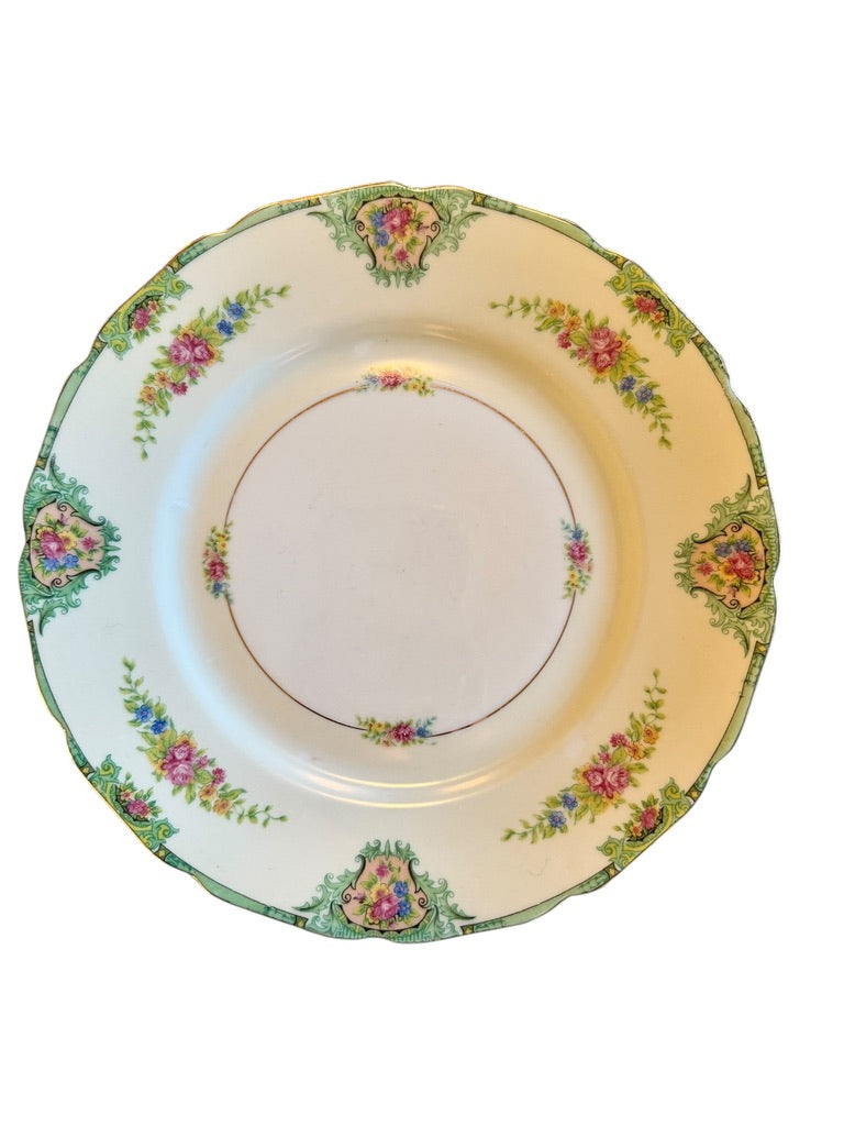 Vintage Floral China 12 Piece Dinnerware Set Green Rim Pink Flowers Cottagecore Plates for Spring Tablescape & Easter Entertaining
