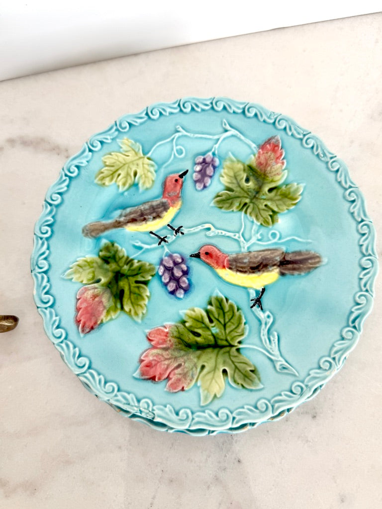 Antique Georg Schmider Zell German Majolica Bird & Grape Plate in Turquoise, 6.5"