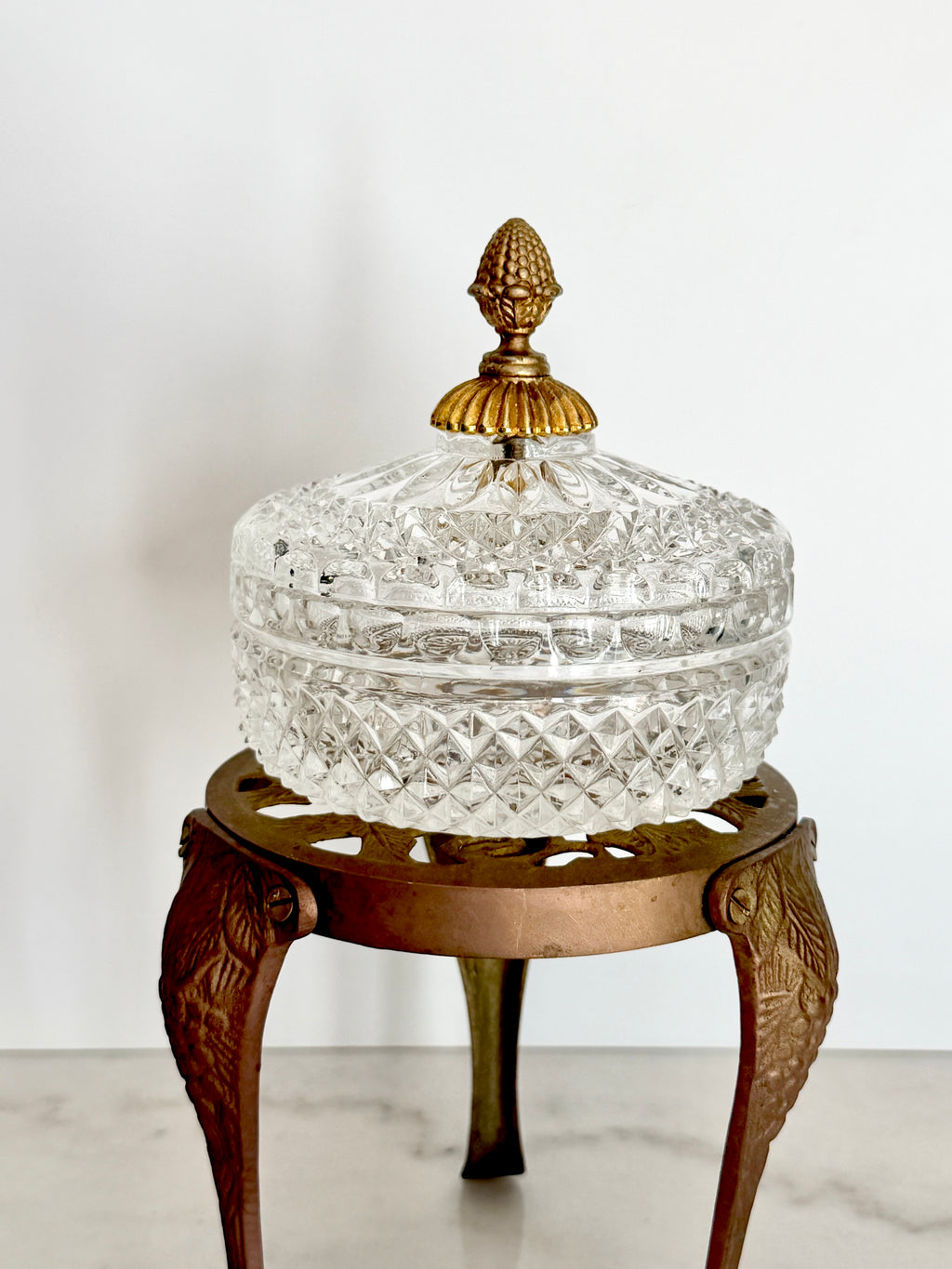Antique French Cut Crystal Bonbonniere with Gilt Bronze Pineapple Finial