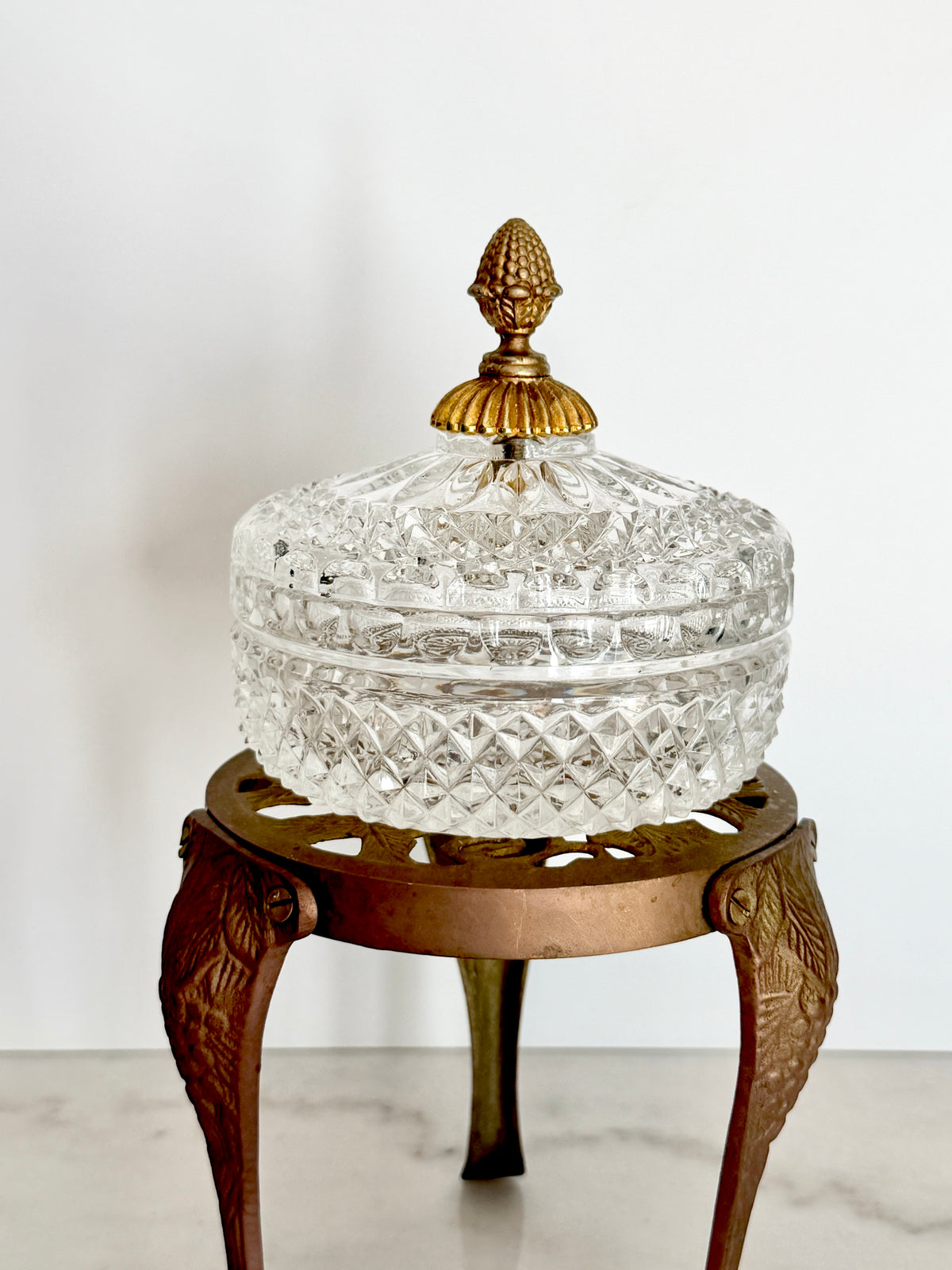 Antique French Cut Crystal Bonbonniere with Gilt Bronze Pineapple Finial
