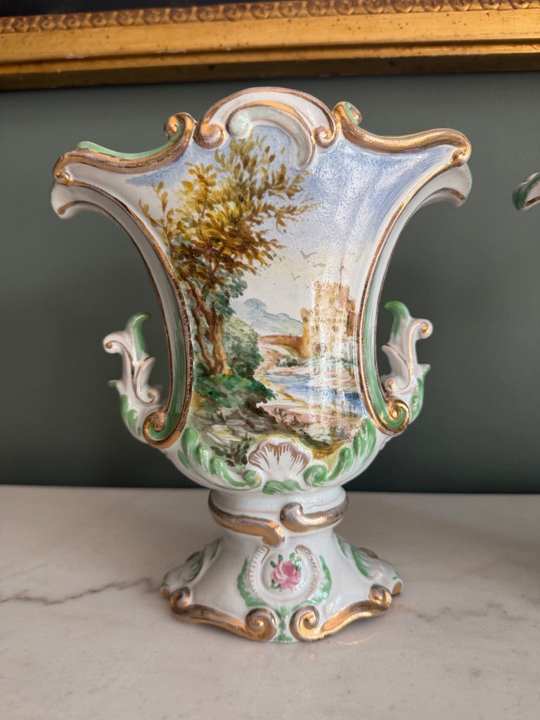 Pair of Ugo Zaccagnini Hand Painted Capodimonte Style Porcelain Vases 8”