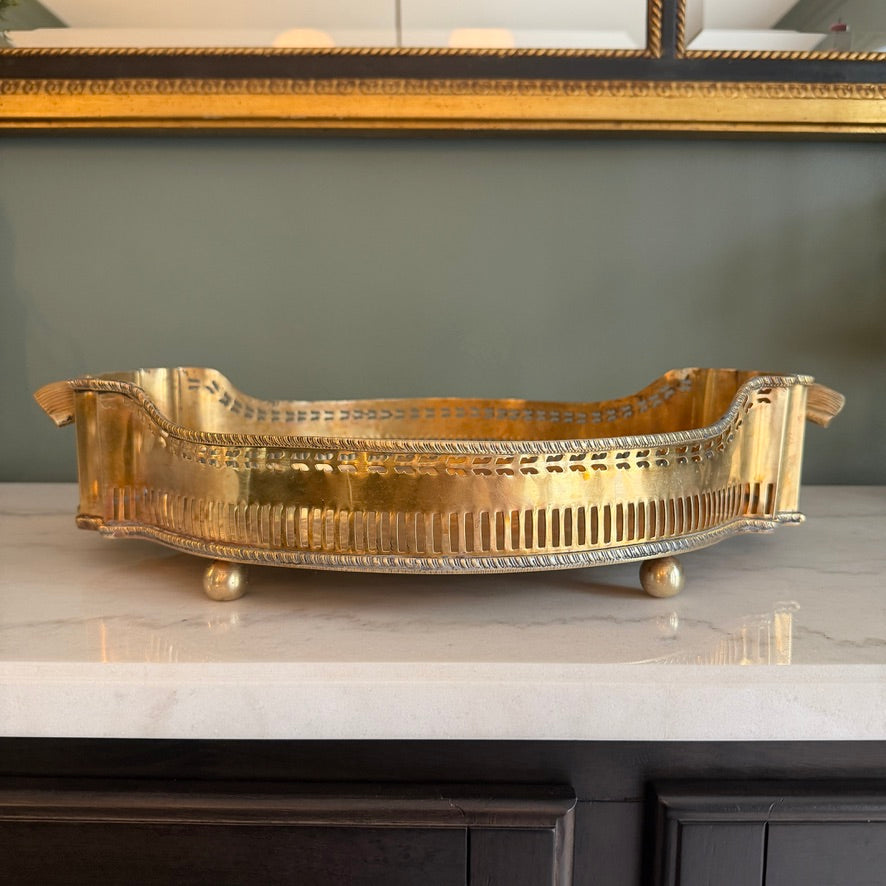 Vintage Brass Reticulated Pierced Gallery Oval Handled Vanity Serving Tray
