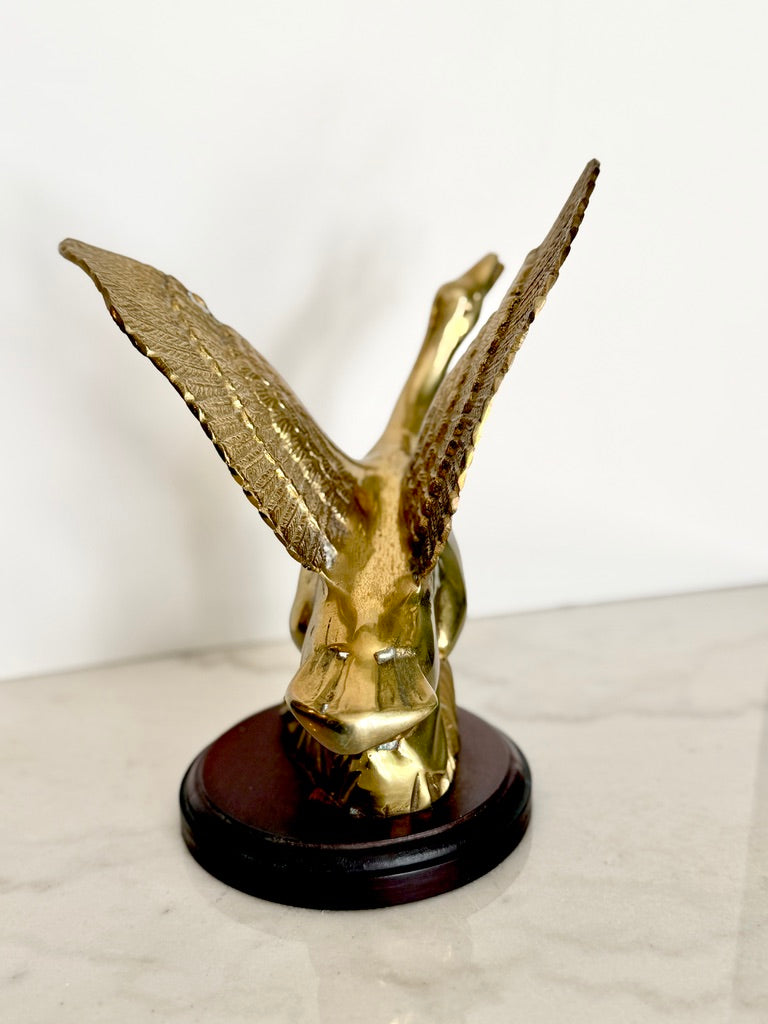 Vintage Solid Brass Flying Goose Duck Statue on Wood Base Figurine