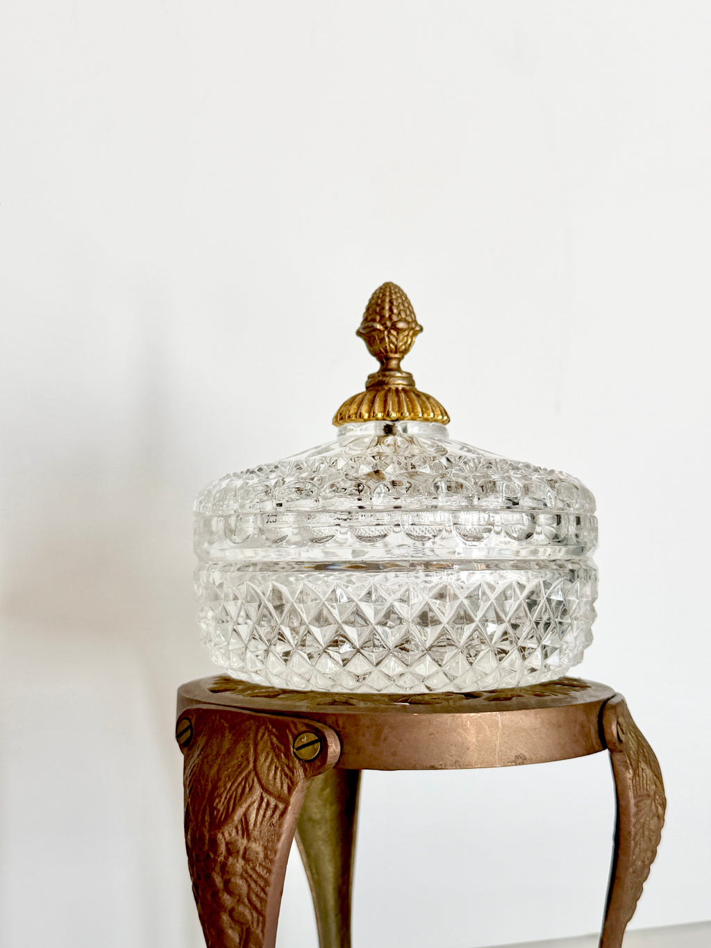Antique French Cut Crystal Bonbonniere with Gilt Bronze Pineapple Finial