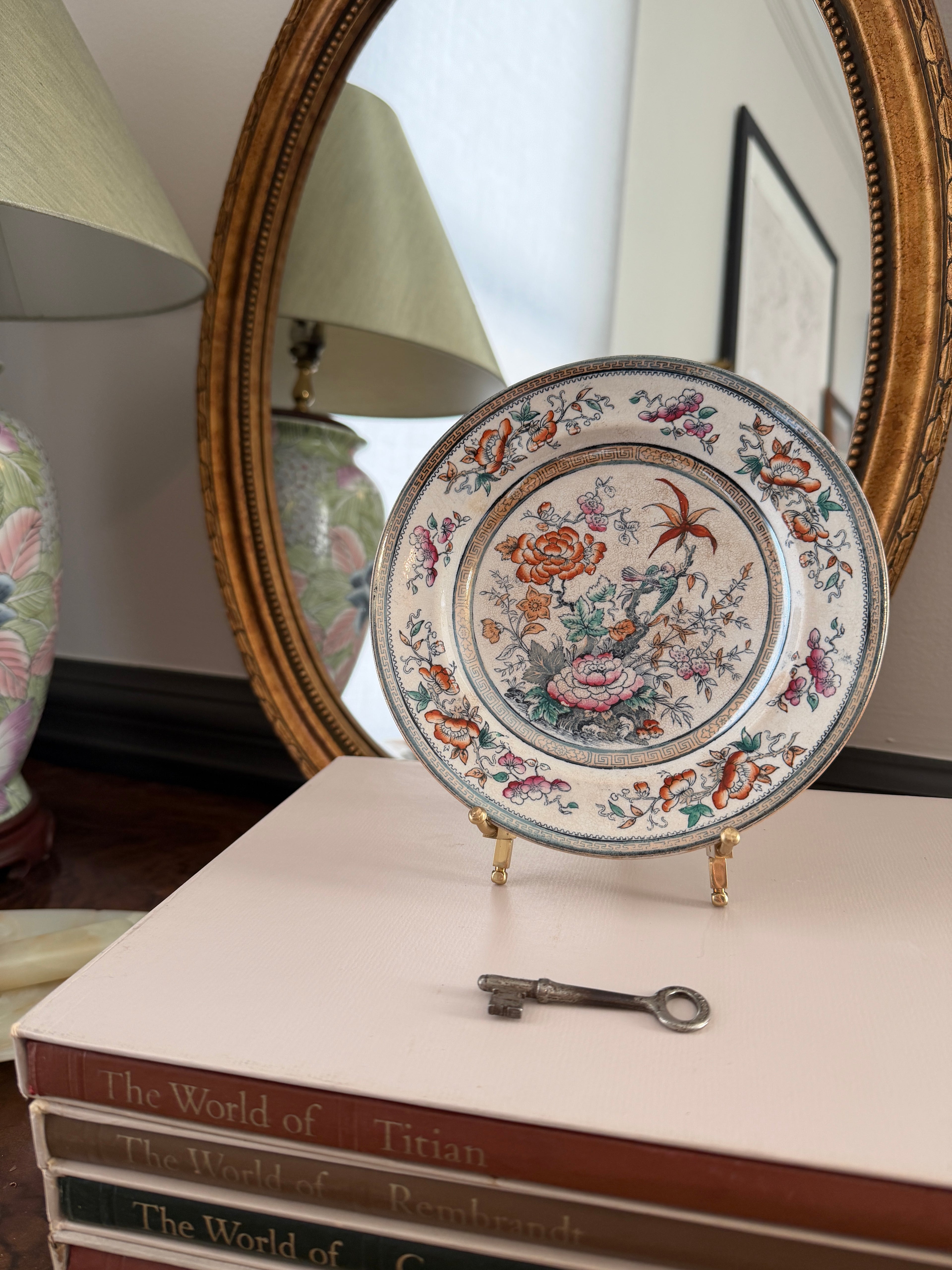 Antique Shanghai Transferware Plate Floral & Bird Motif - 7”