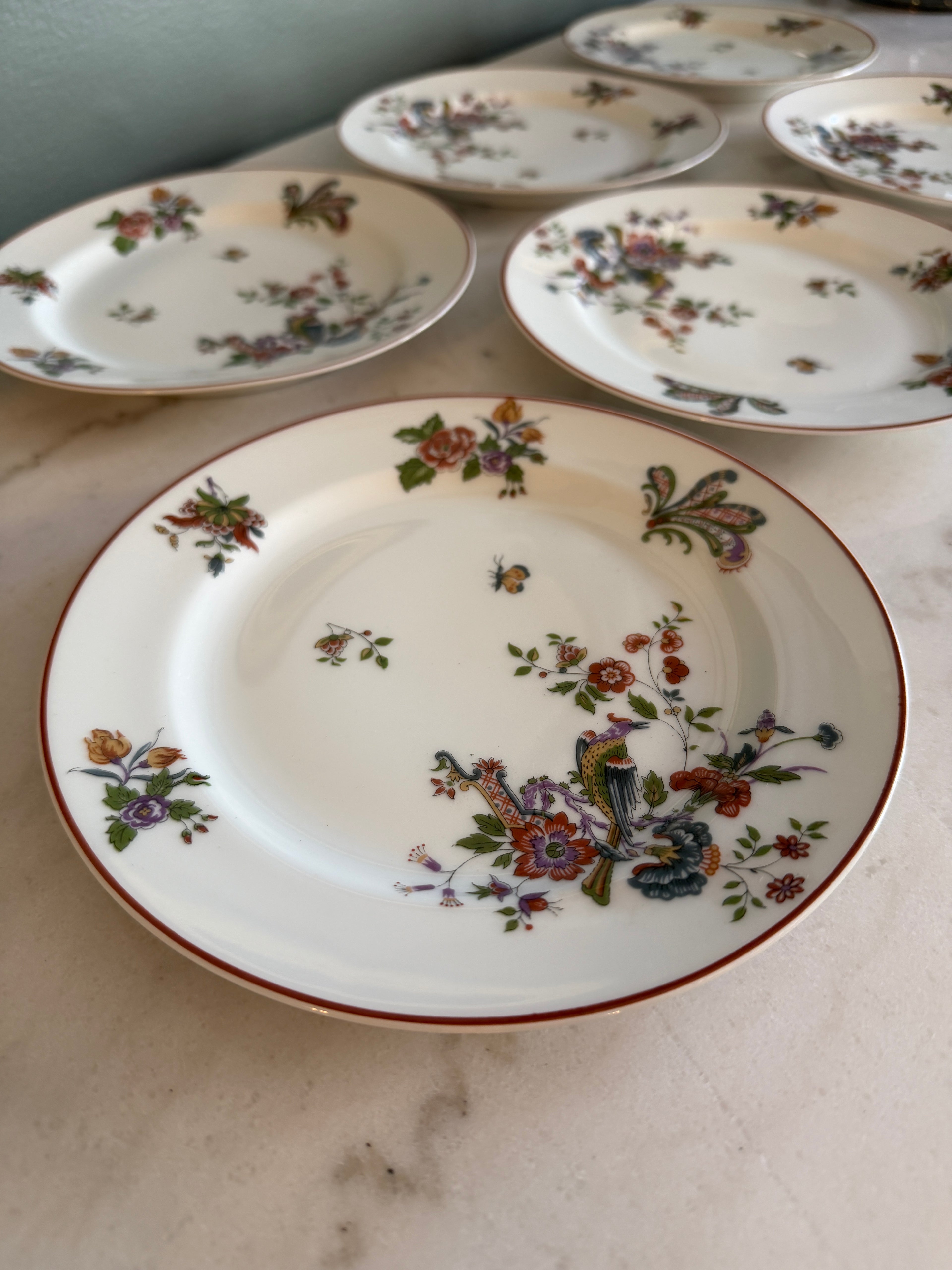 Antique Early 1900s Haviland Limoges France Schleiger 684-2 Floral Bird Porcelain Plates 7.5" - Set of 6