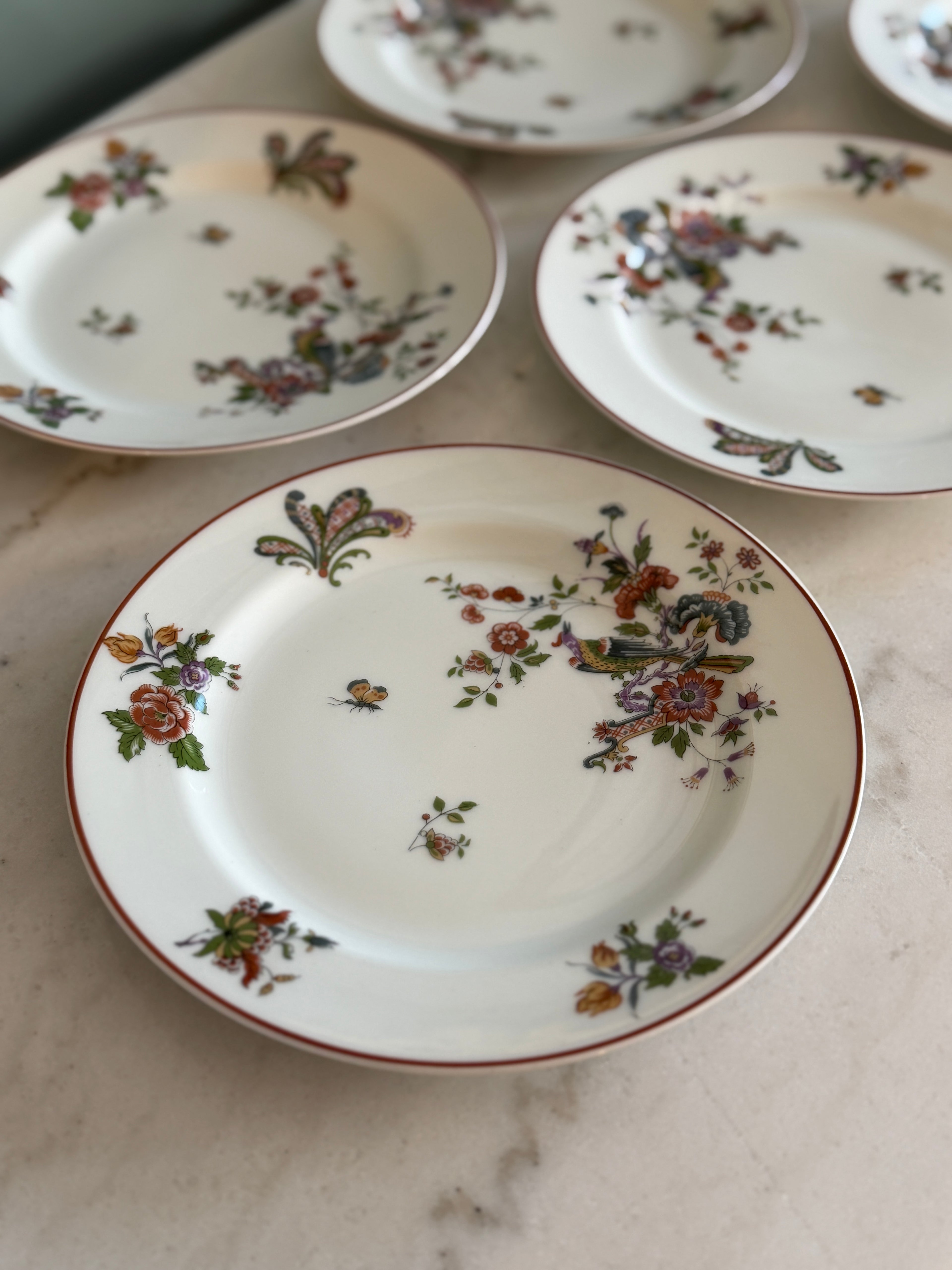 Antique Early 1900s Haviland Limoges France Schleiger 684-2 Floral Bird Porcelain Plates 7.5" - Set of 6