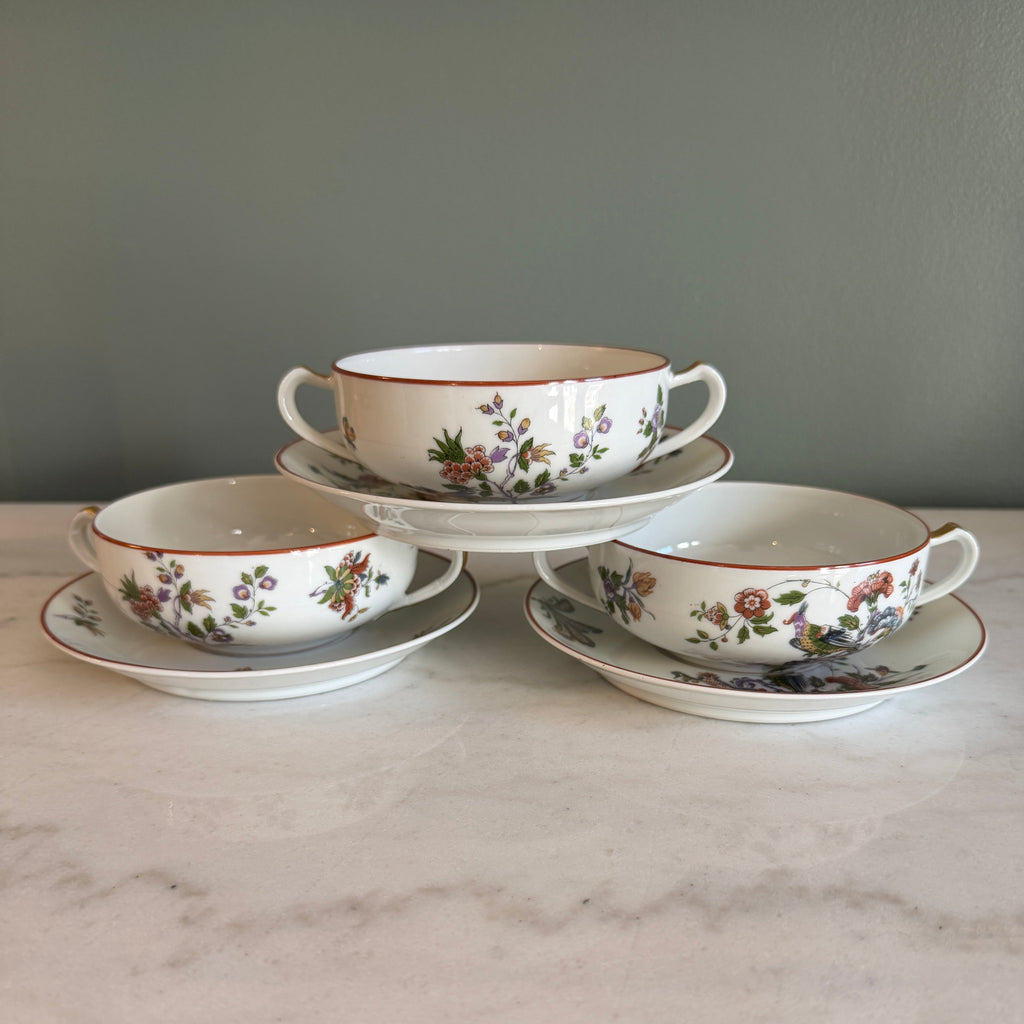 Antique Early 1900s Haviland Limoges France Schleiger 684-2 Double Handle Floral Bird Porcelain Bouillon Cups & Saucers - Set of 3