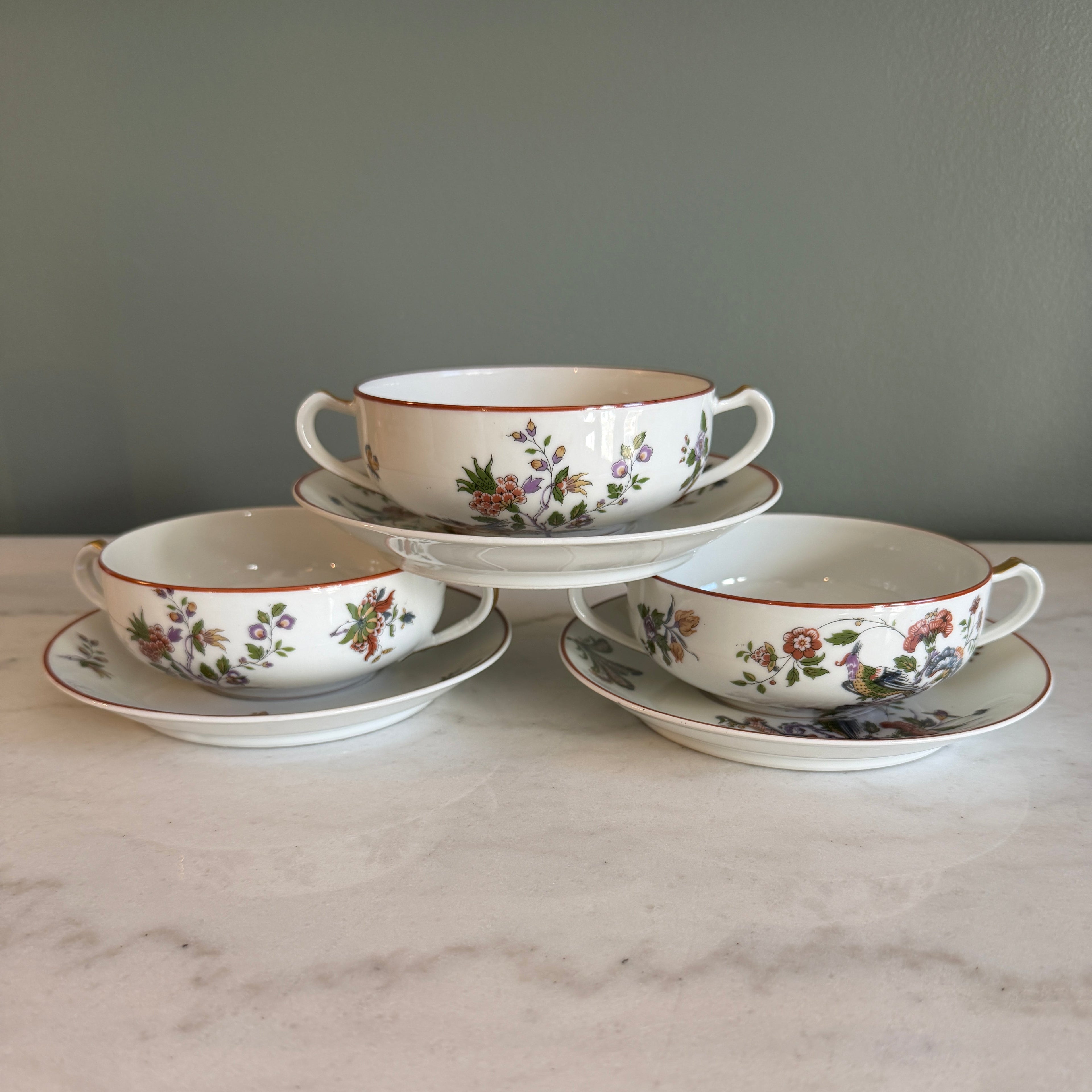 Antique Early 1900s Haviland Limoges France Schleiger 684-2 Double Handle Floral Bird Porcelain Bouillon Cups & Saucers - Set of 3