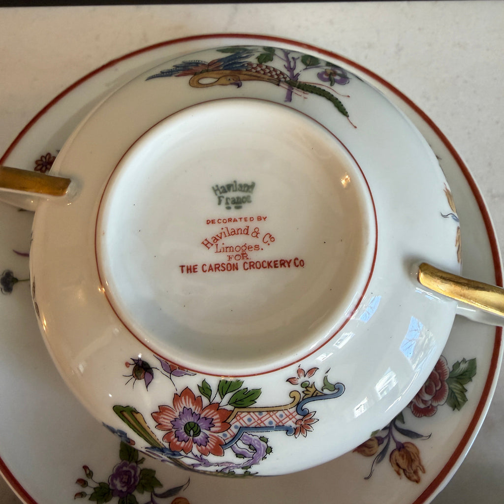 Antique Early 1900s Haviland Limoges France Schleiger 684-2 Double Handle Floral Bird Porcelain Bouillon Cups & Saucers - Set of 3