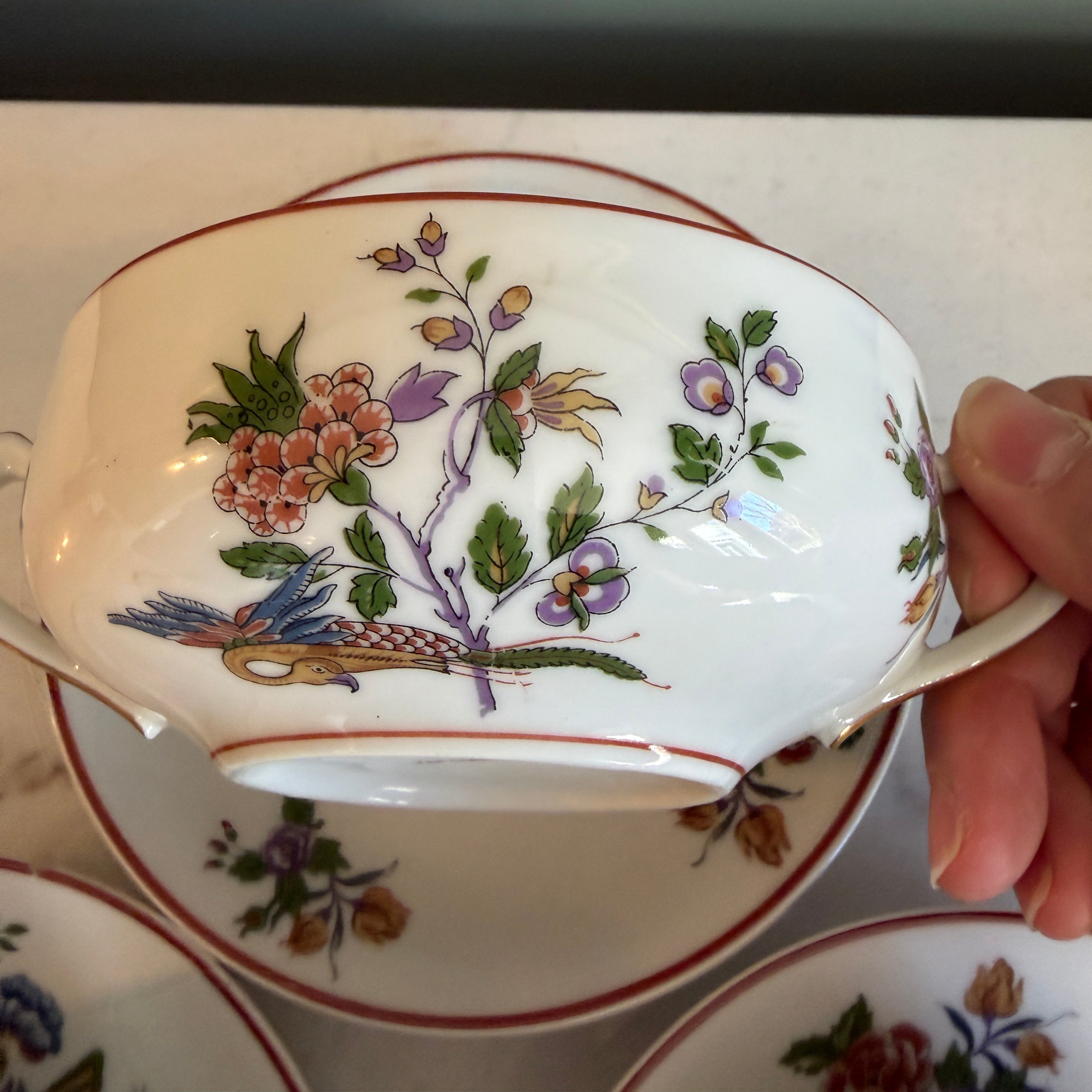 Antique Early 1900s Haviland Limoges France Schleiger 684-2 Double Handle Floral Bird Porcelain Bouillon Cups & Saucers - Set of 3