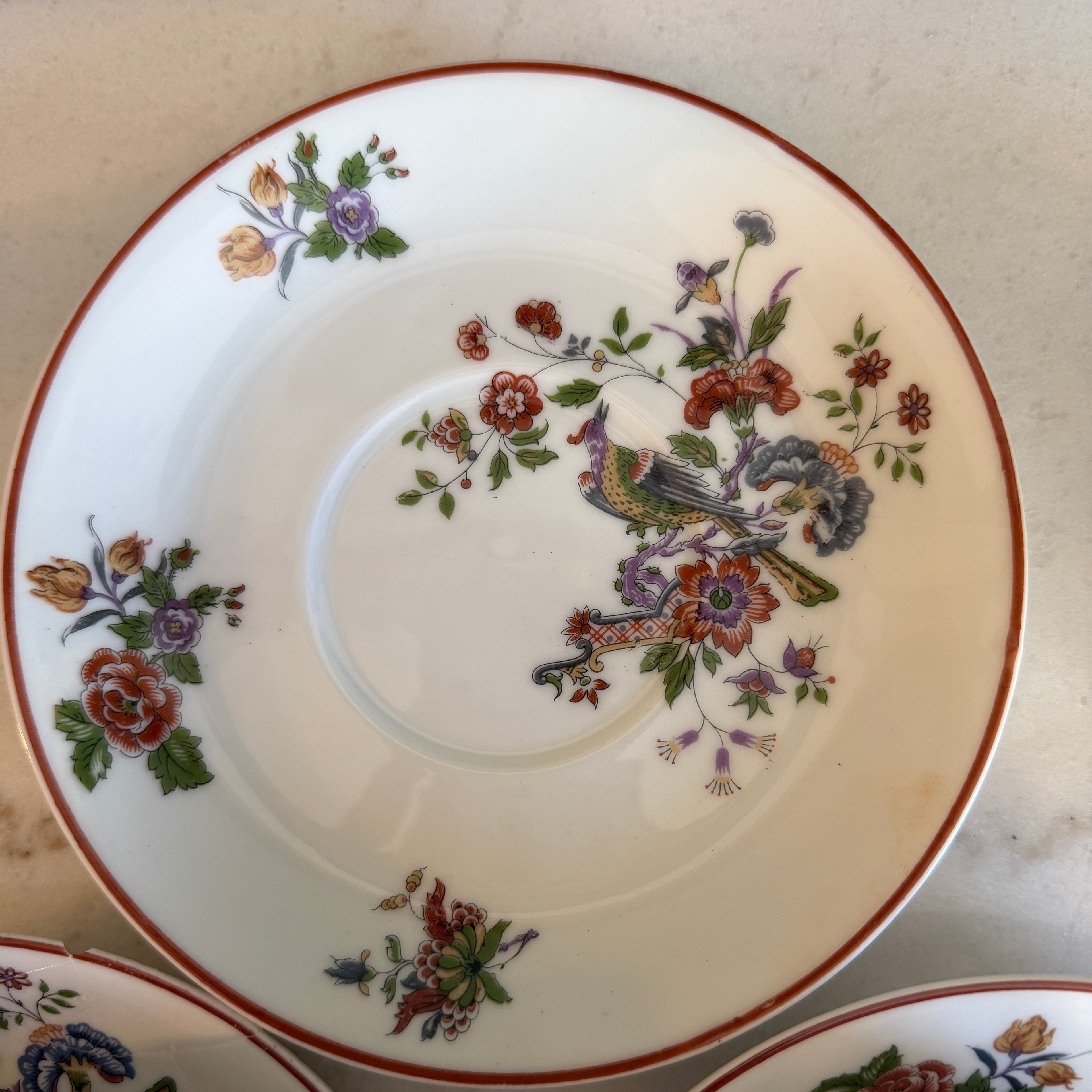 Antique Early 1900s Haviland Limoges France Schleiger 684-2 Double Handle Floral Bird Porcelain Bouillon Cups & Saucers - Set of 3