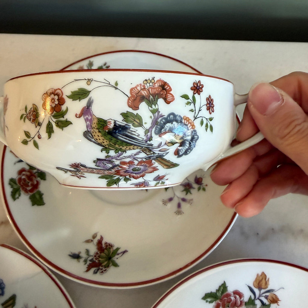 Antique Early 1900s Haviland Limoges France Schleiger 684-2 Double Handle Floral Bird Porcelain Bouillon Cups & Saucers - Set of 3