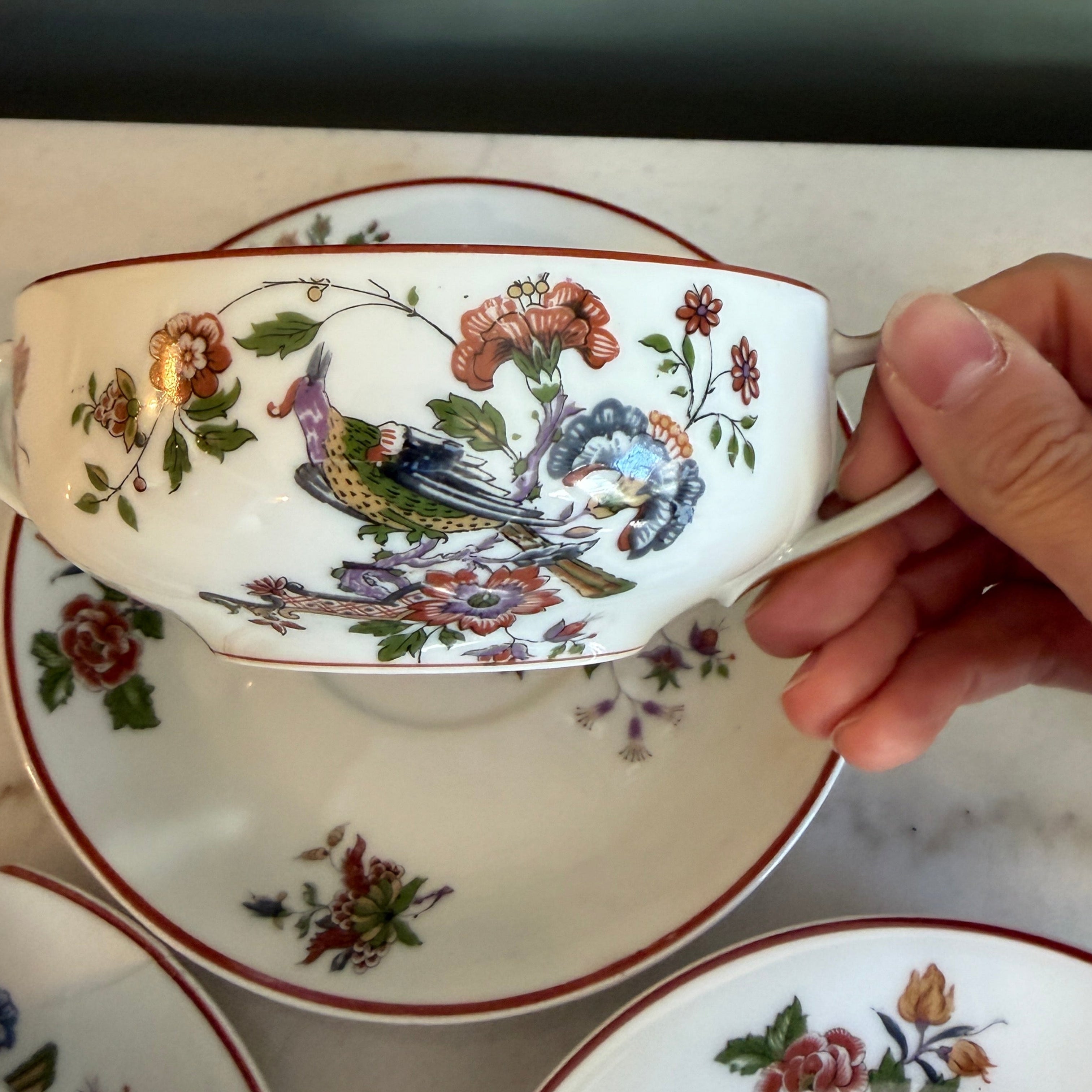 Antique Early 1900s Haviland Limoges France Schleiger 684-2 Double Handle Floral Bird Porcelain Bouillon Cups & Saucers - Set of 3