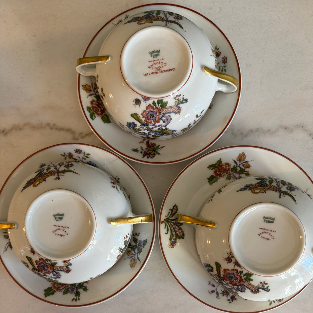 Antique Early 1900s Haviland Limoges France Schleiger 684-2 Double Handle Floral Bird Porcelain Bouillon Cups & Saucers - Set of 3