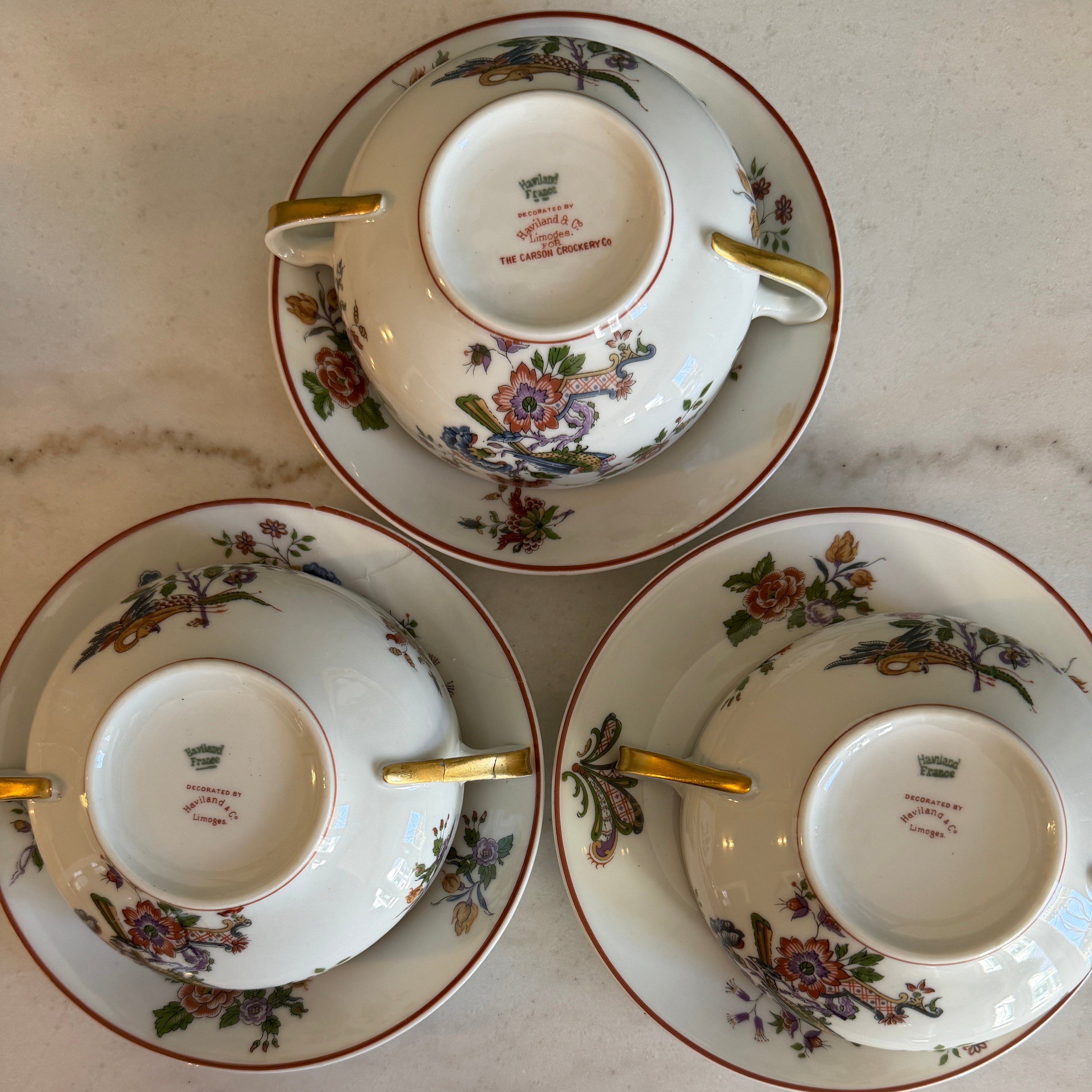 Antique Early 1900s Haviland Limoges France Schleiger 684-2 Double Handle Floral Bird Porcelain Bouillon Cups & Saucers - Set of 3