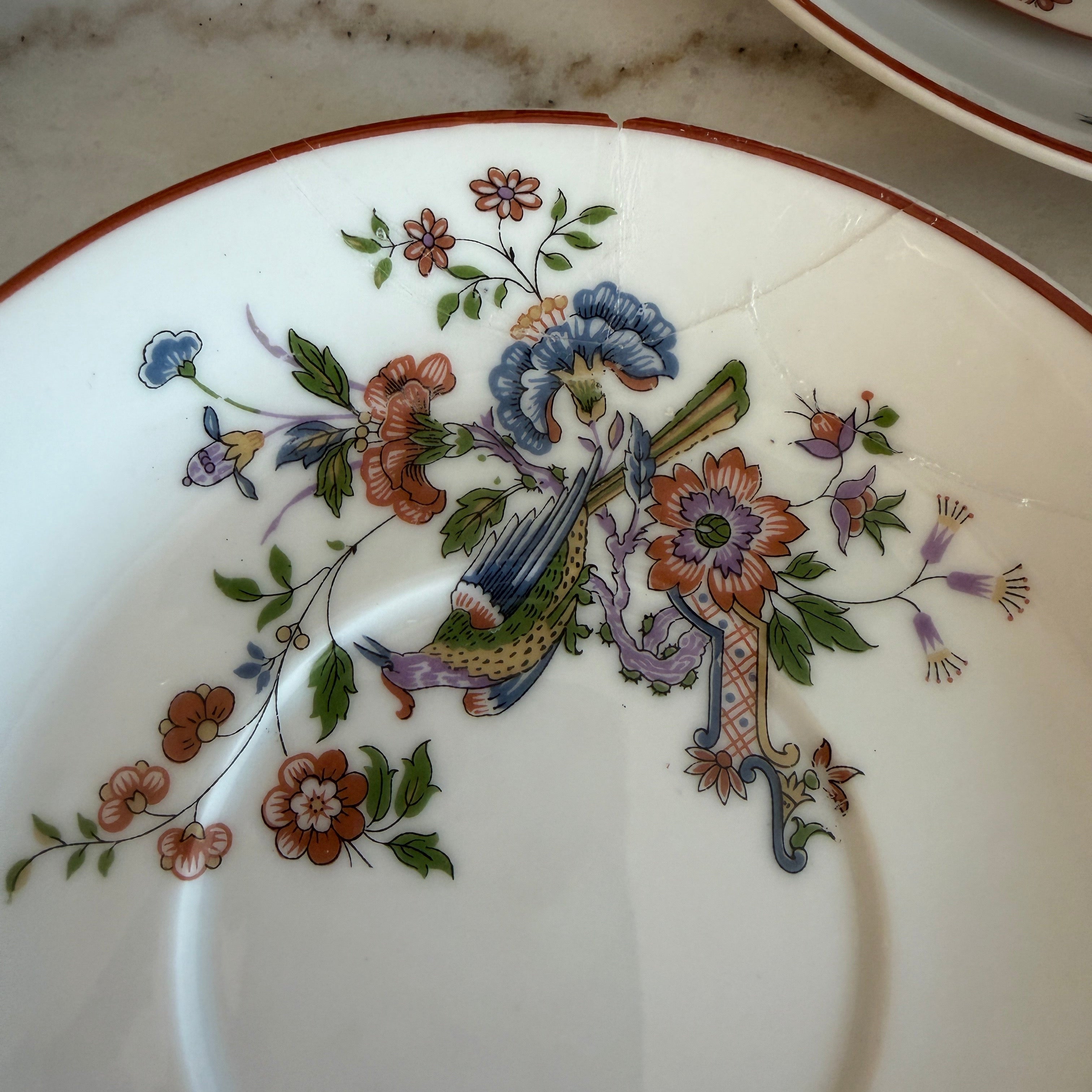 Antique Early 1900s Haviland Limoges France Schleiger 684-2 Double Handle Floral Bird Porcelain Bouillon Cups & Saucers - Set of 3