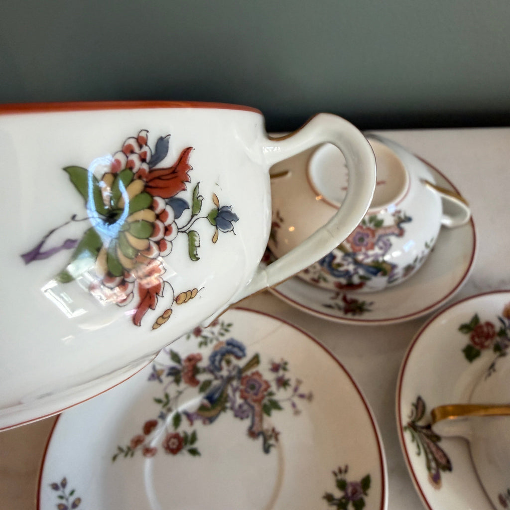 Antique Early 1900s Haviland Limoges France Schleiger 684-2 Double Handle Floral Bird Porcelain Bouillon Cups & Saucers - Set of 3