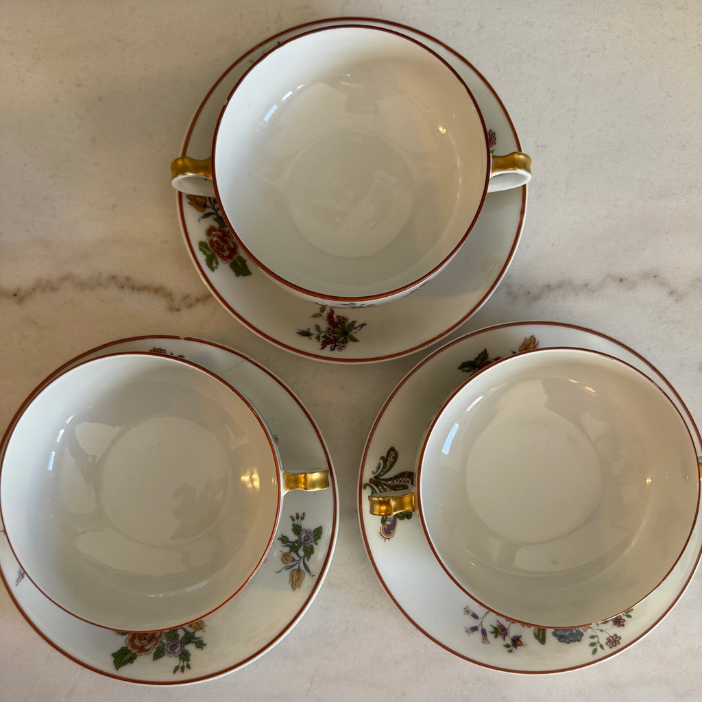 Antique Early 1900s Haviland Limoges France Schleiger 684-2 Double Handle Floral Bird Porcelain Bouillon Cups & Saucers - Set of 3