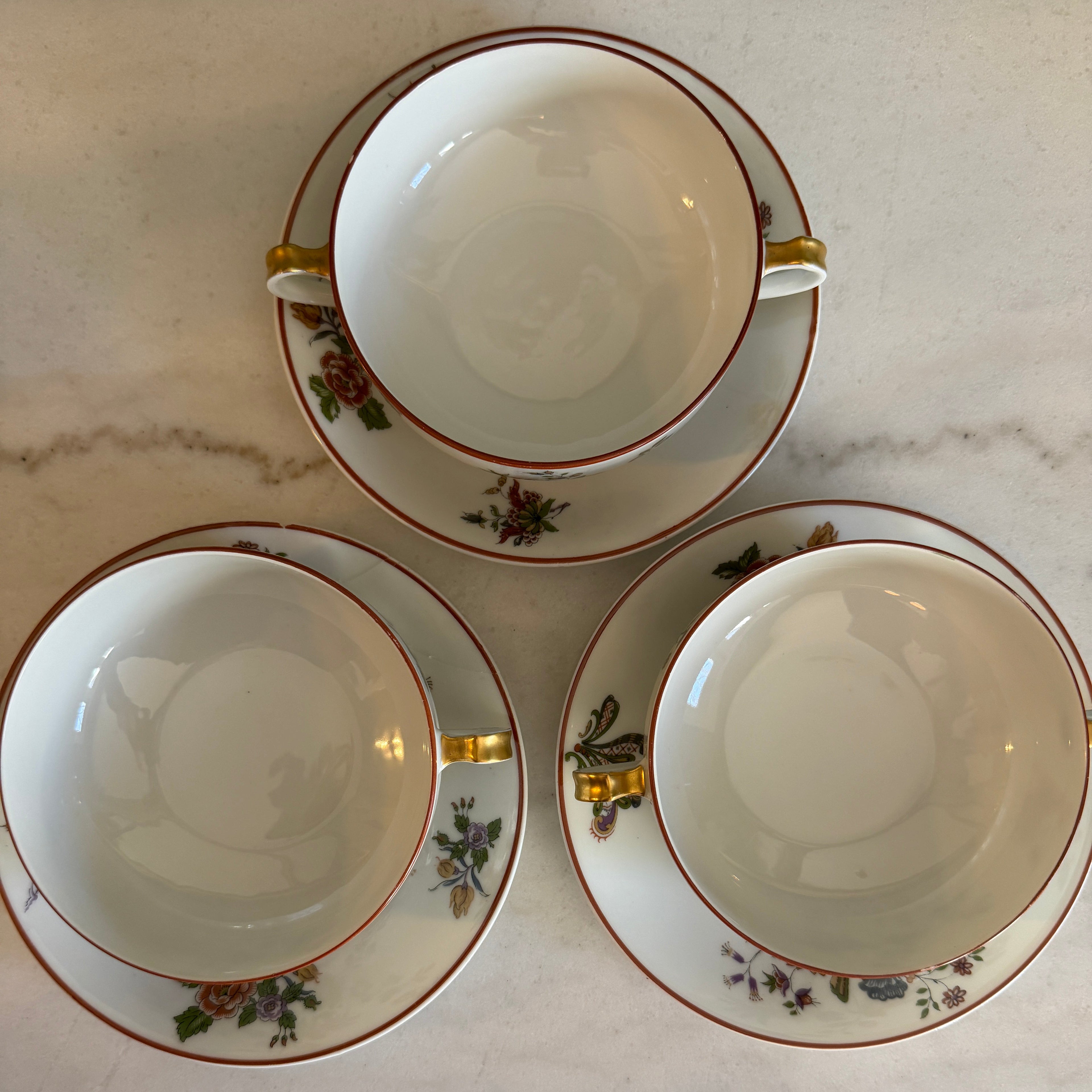 Antique Early 1900s Haviland Limoges France Schleiger 684-2 Double Handle Floral Bird Porcelain Bouillon Cups & Saucers - Set of 3