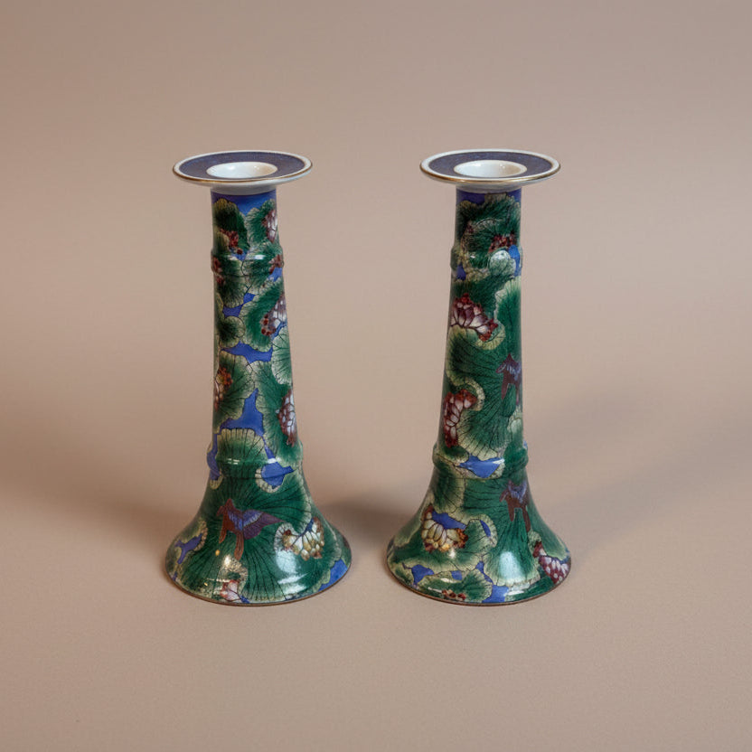 Vintage Chinoiserie Famille Verte Lotus Leaf & Crane Asian Decorative Candle Holders Porcelain Candlesticks Pair – 10”