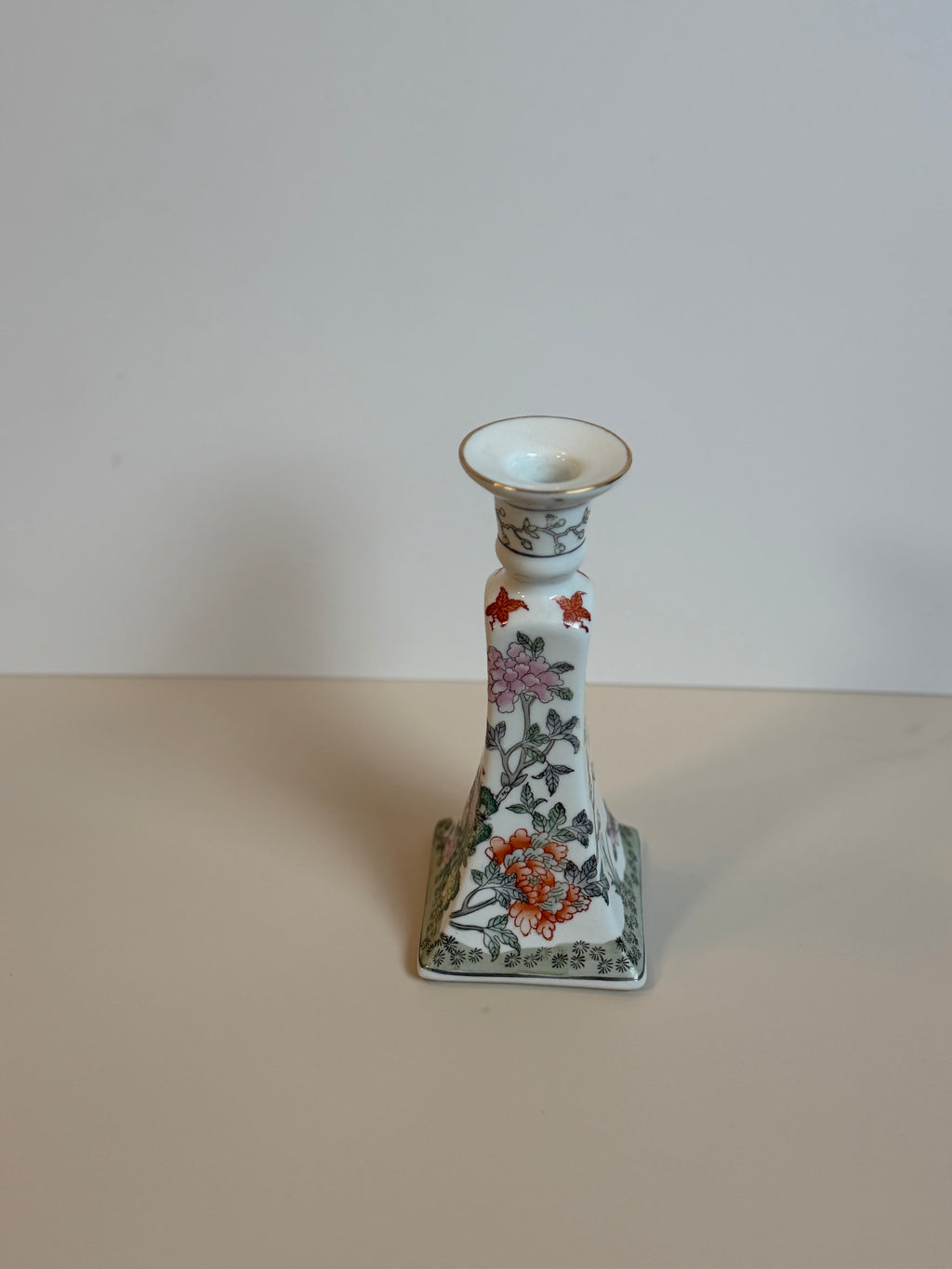 Vintage Chinoiserie Famille Rose Porcelain Candlestick Floral & Butterfly Asian Inspired Candle Holder 9"