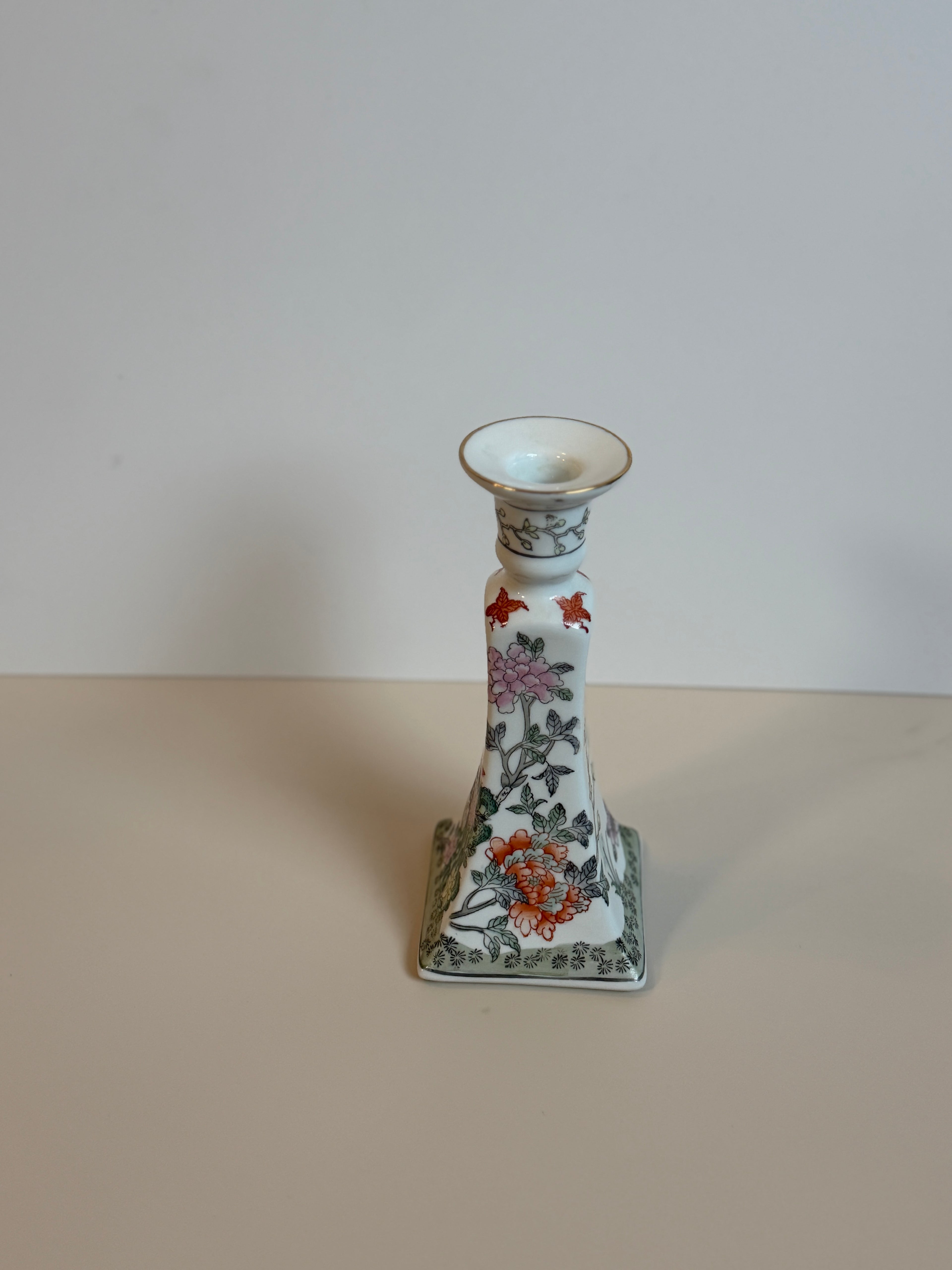Vintage Chinoiserie Famille Rose Porcelain Candlestick Floral & Butterfly Asian Inspired Candle Holder 9"