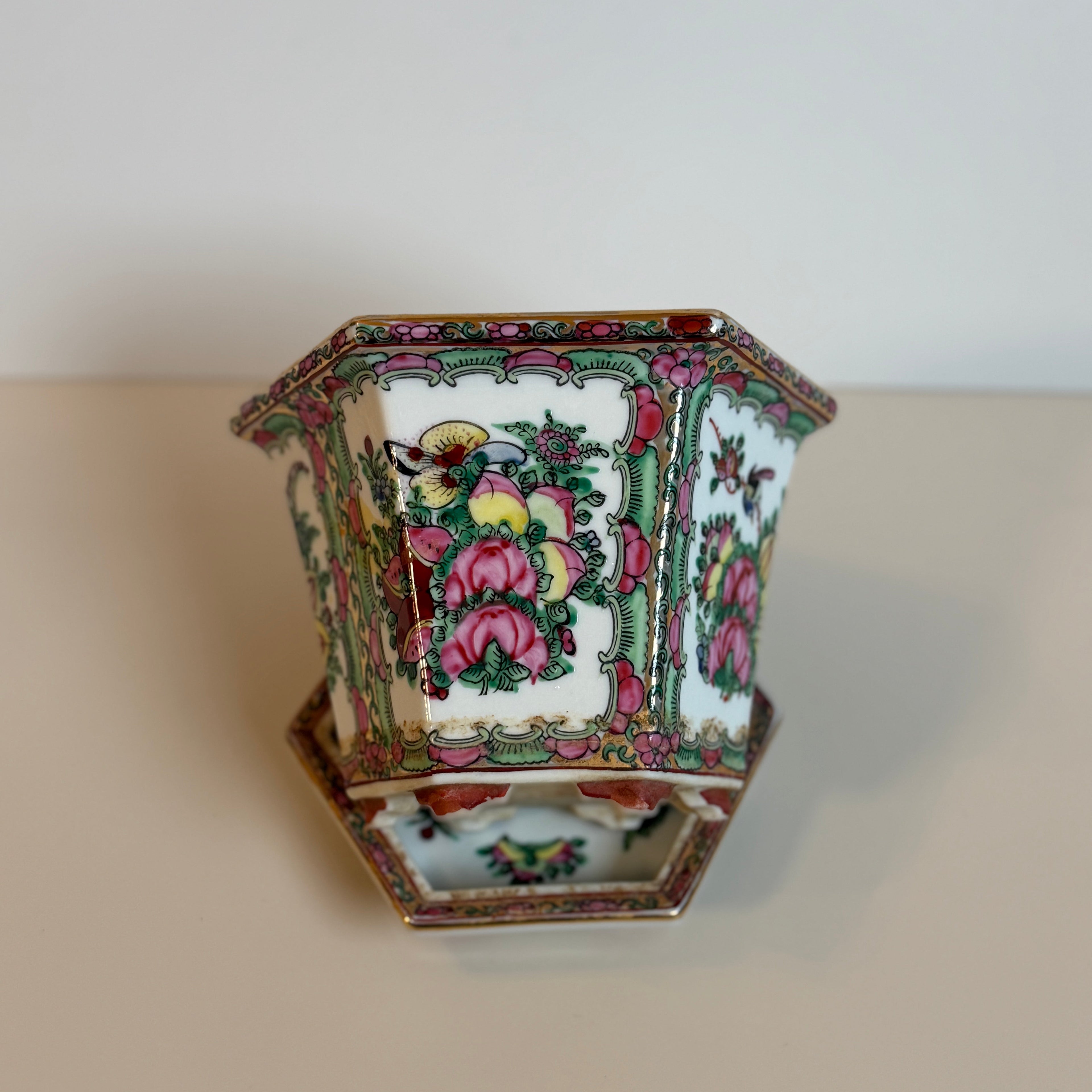 Vintage Famille Rose Floral Cachepot Chinoiserie Hexagonal Porcelain Planter with Undertray 6"