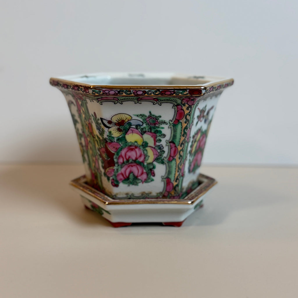 Vintage Famille Rose Floral Cachepot Chinoiserie Hexagonal Porcelain Planter with Undertray 6"