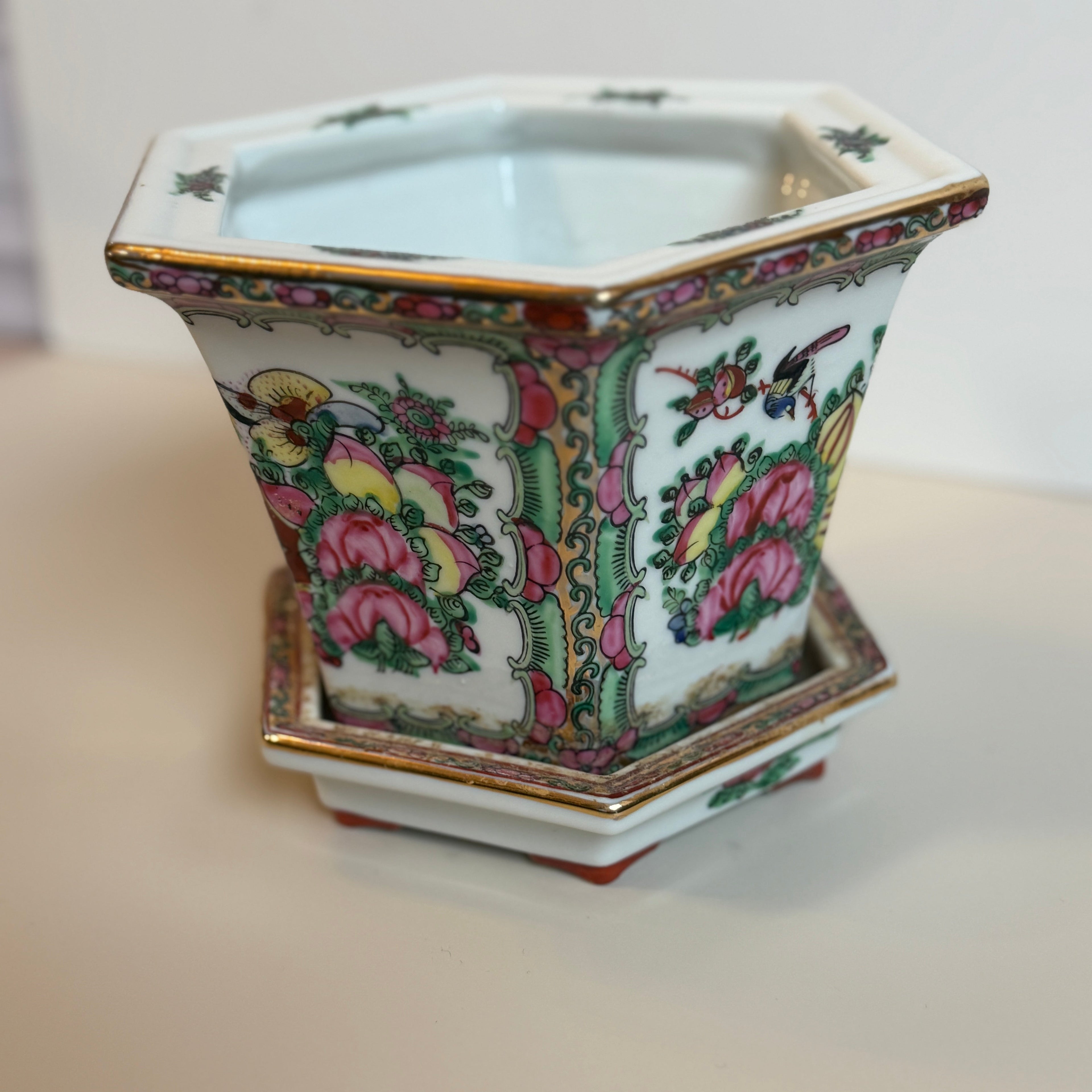 Vintage Famille Rose Floral Cachepot Chinoiserie Hexagonal Porcelain Planter with Undertray 6"