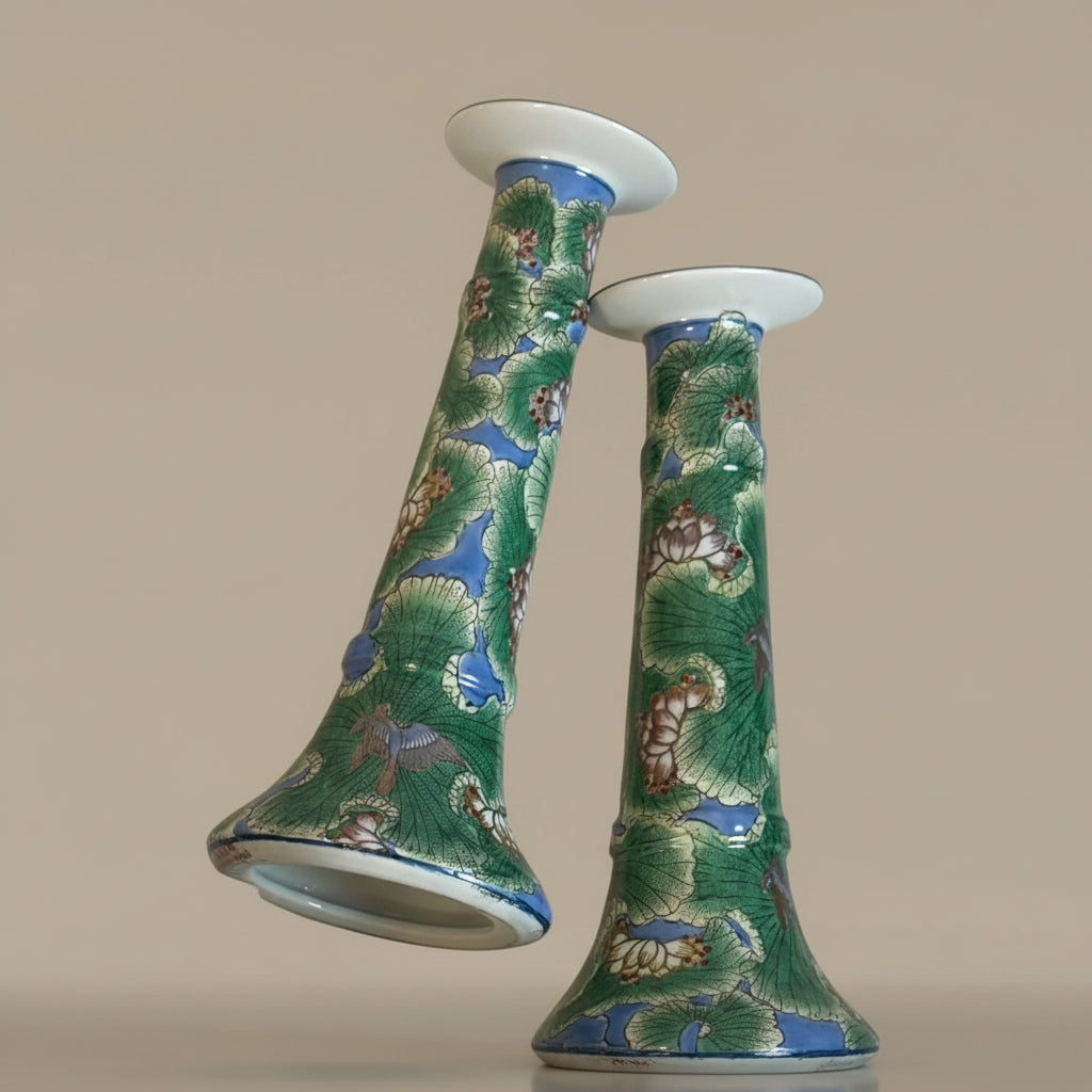 Vintage Chinoiserie Famille Verte Lotus Leaf & Crane Asian Decorative Candle Holders Porcelain Candlesticks Pair – 10”