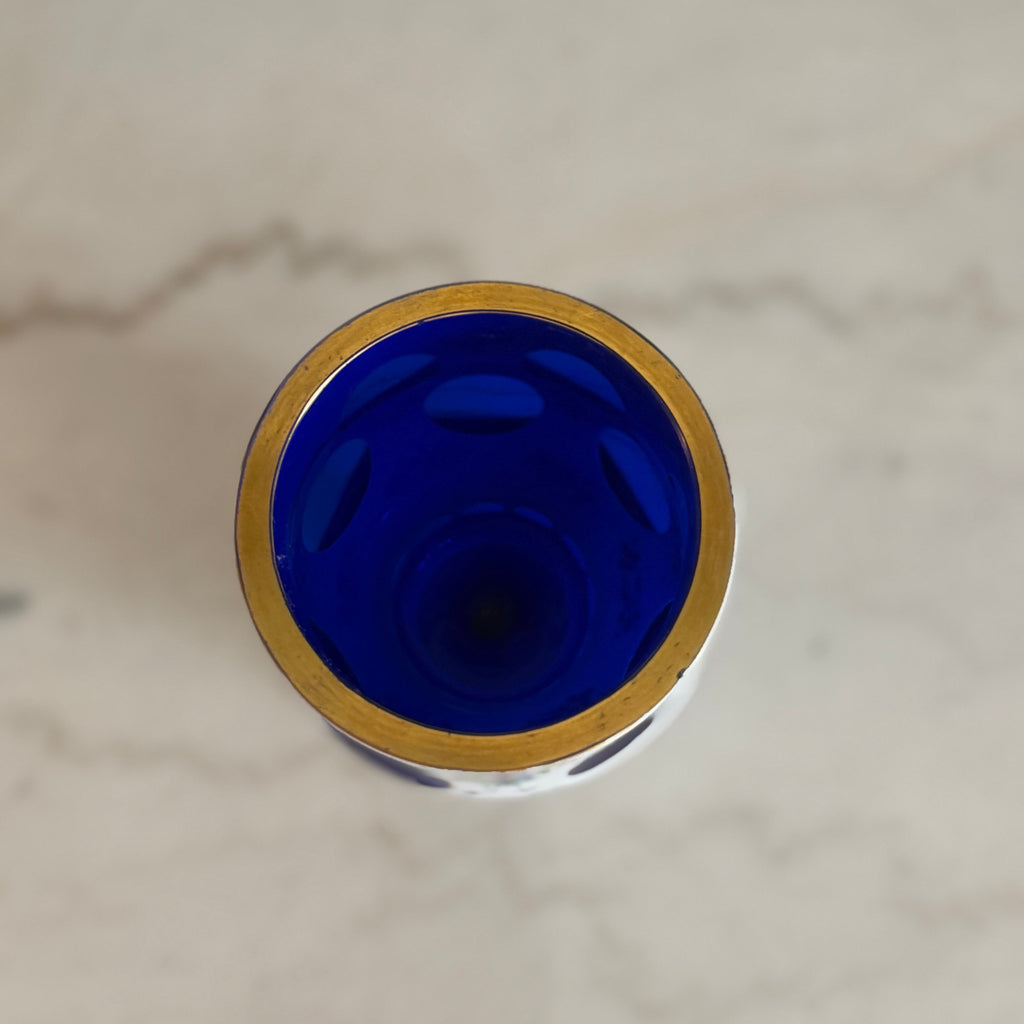 Vintage Bohemian Czech Vase with White Glass Cut to Cobalt Blue and Hand Painted Floral s