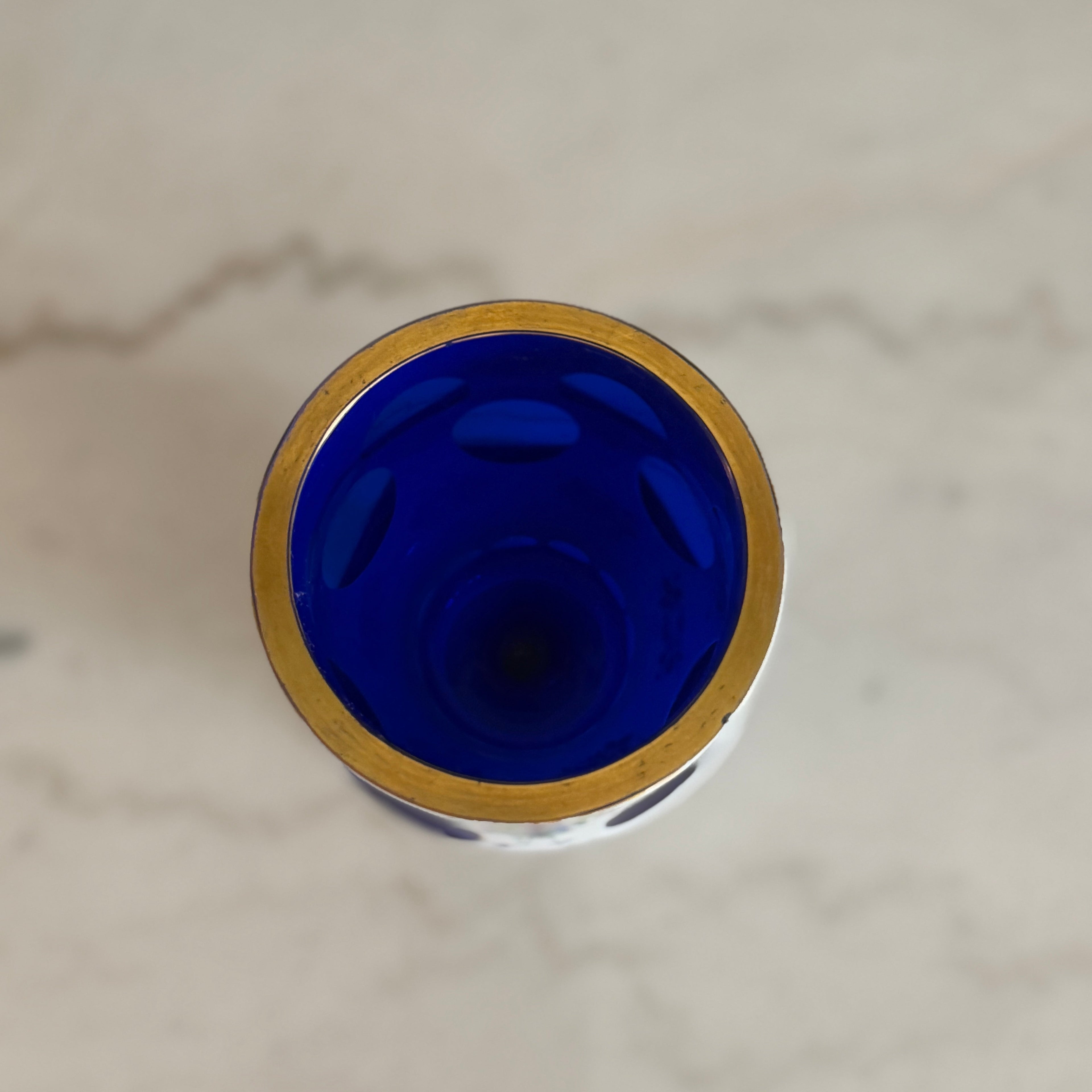 Vintage Bohemian Czech Vase with White Glass Cut to Cobalt Blue and Hand Painted Floral s