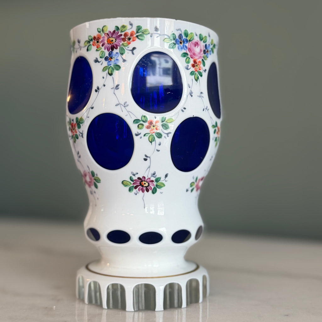 Vintage Bohemian Czech Vase with White Glass Cut to Cobalt Blue and Hand Painted Floral s