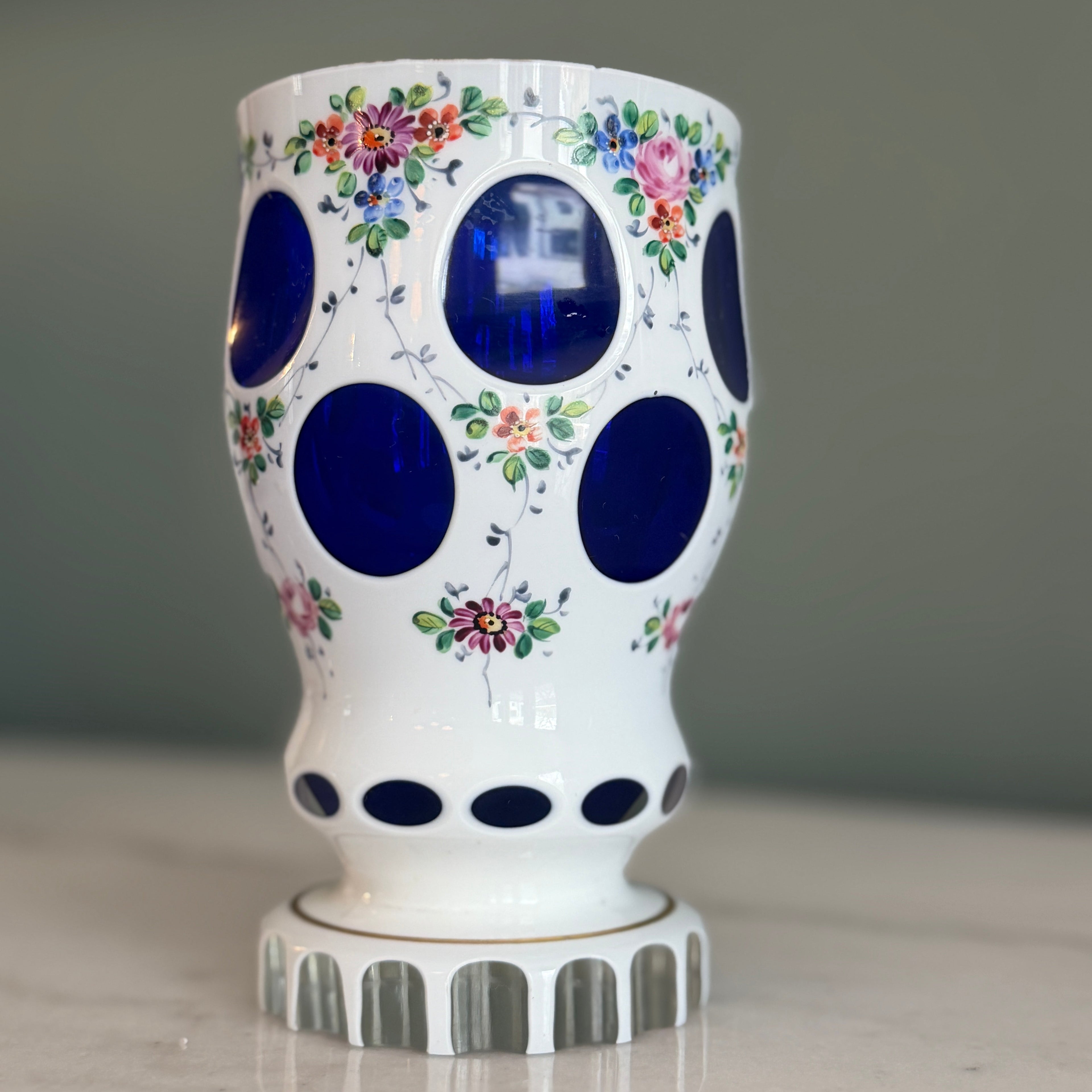 Vintage Bohemian Czech Vase with White Glass Cut to Cobalt Blue and Hand Painted Floral s