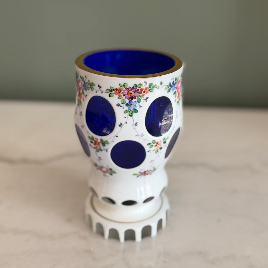 Vintage Bohemian Czech Vase with White Glass Cut to Cobalt Blue and Hand Painted Floral s