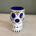 Vintage Bohemian Czech Vase with White Glass Cut to Cobalt Blue and Hand Painted Floral s