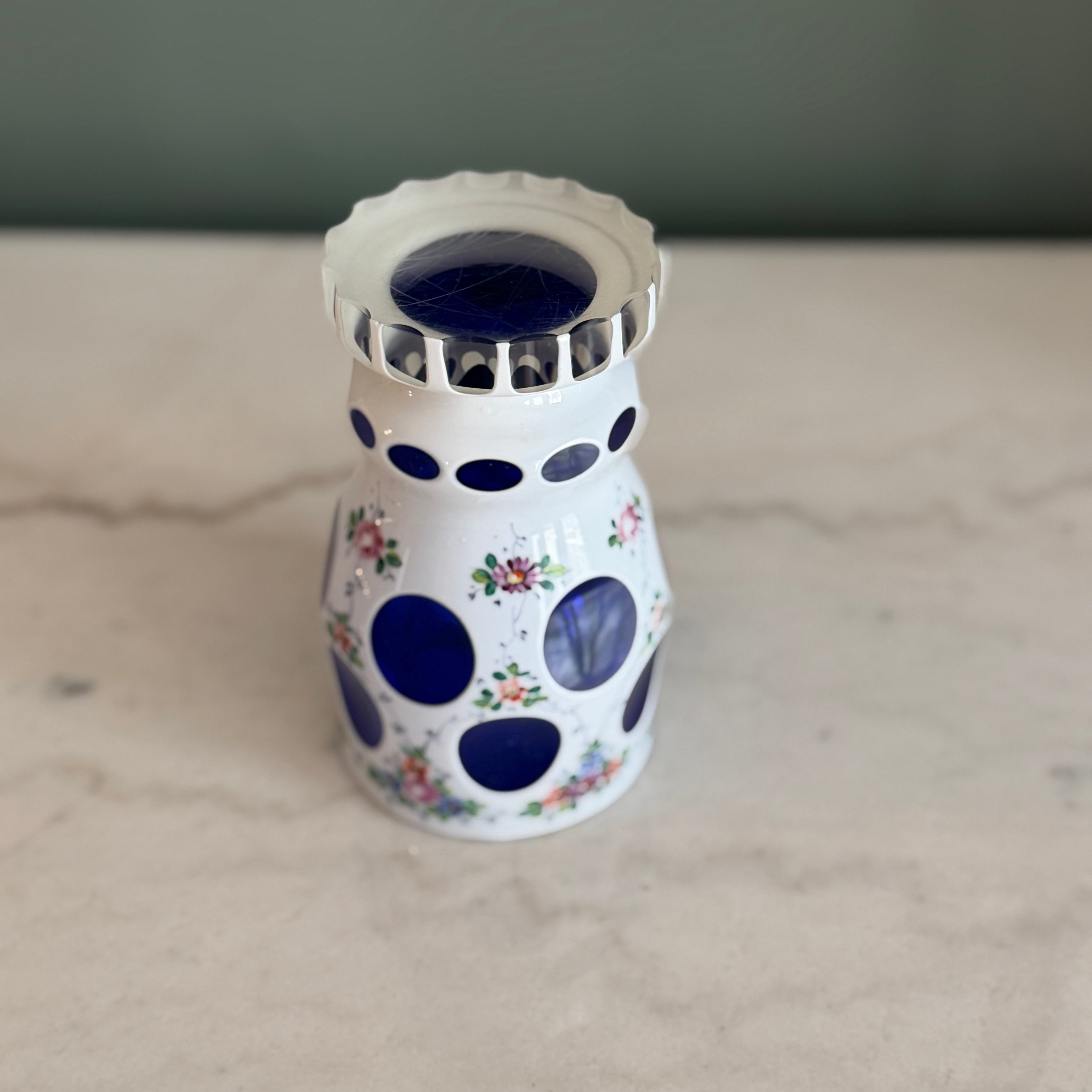 Vintage Bohemian Czech Vase with White Glass Cut to Cobalt Blue and Hand Painted Floral s