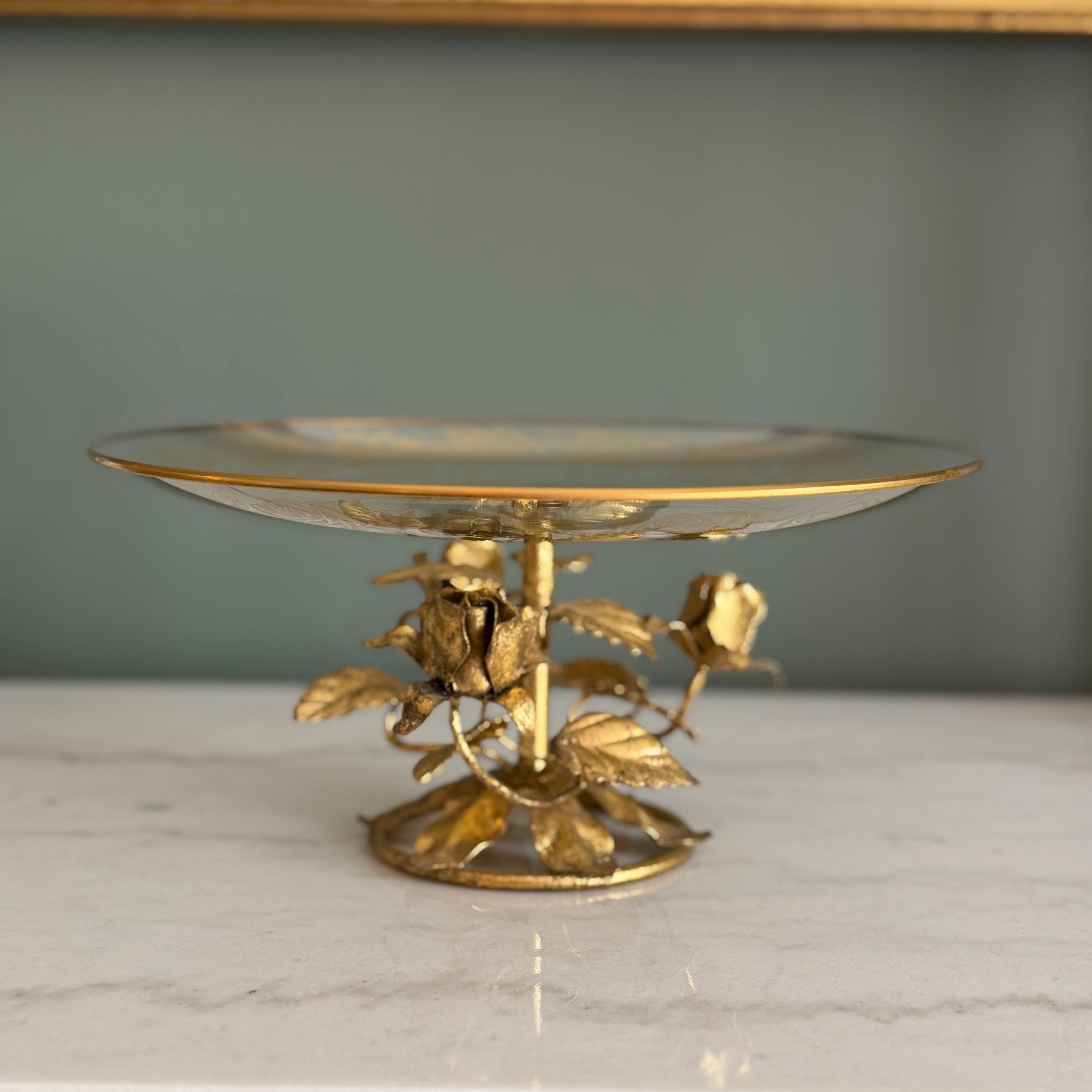 Vintage Italian Tole Gold Gilt Roses with Etched Glass Pedestal Dish