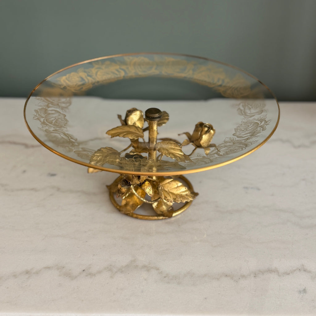 Vintage Italian Tole Gold Gilt Roses with Etched Glass Pedestal Dish