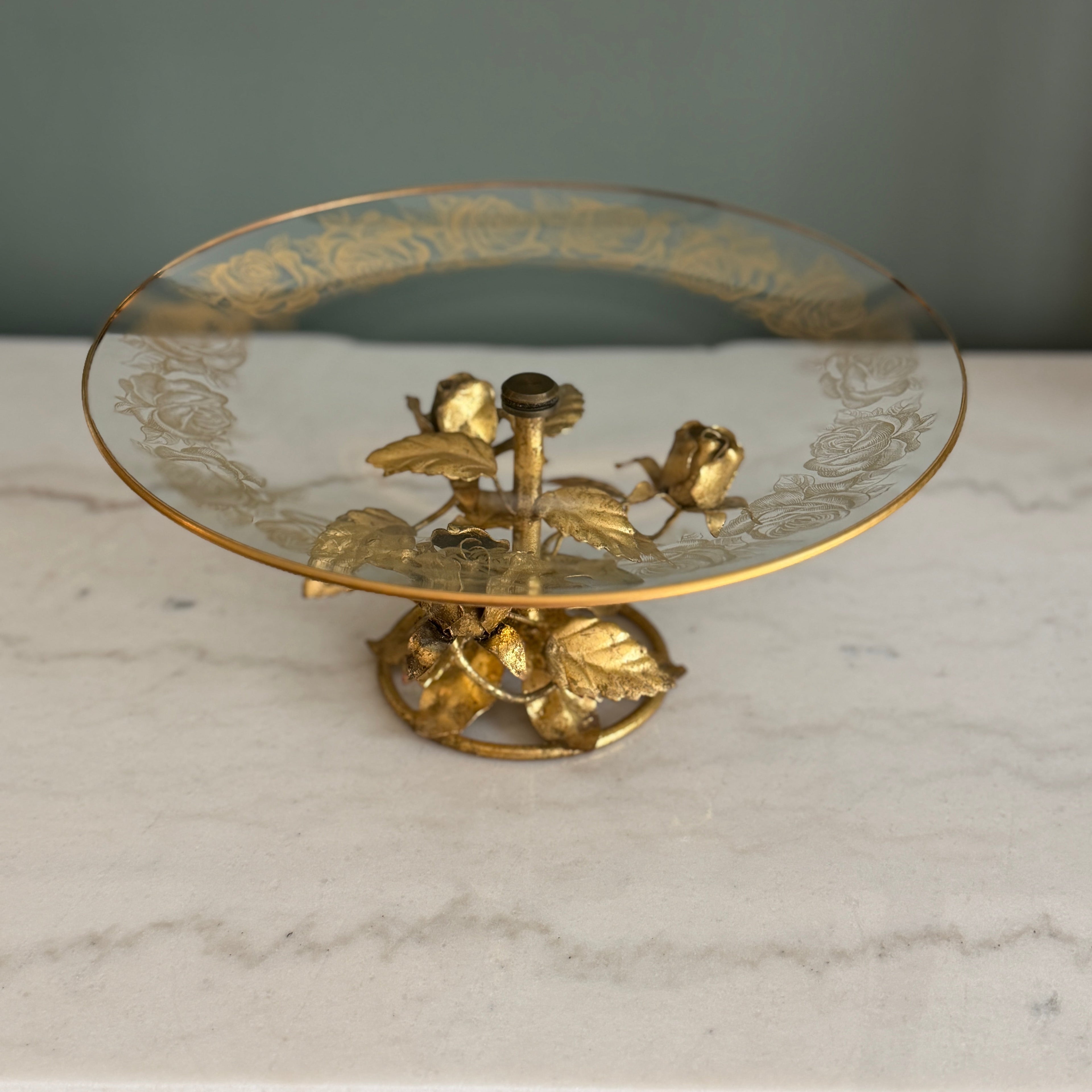 Vintage Italian Tole Gold Gilt Roses with Etched Glass Pedestal Dish