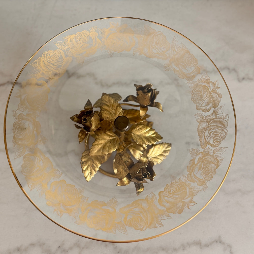 Vintage Italian Tole Gold Gilt Roses with Etched Glass Pedestal Dish